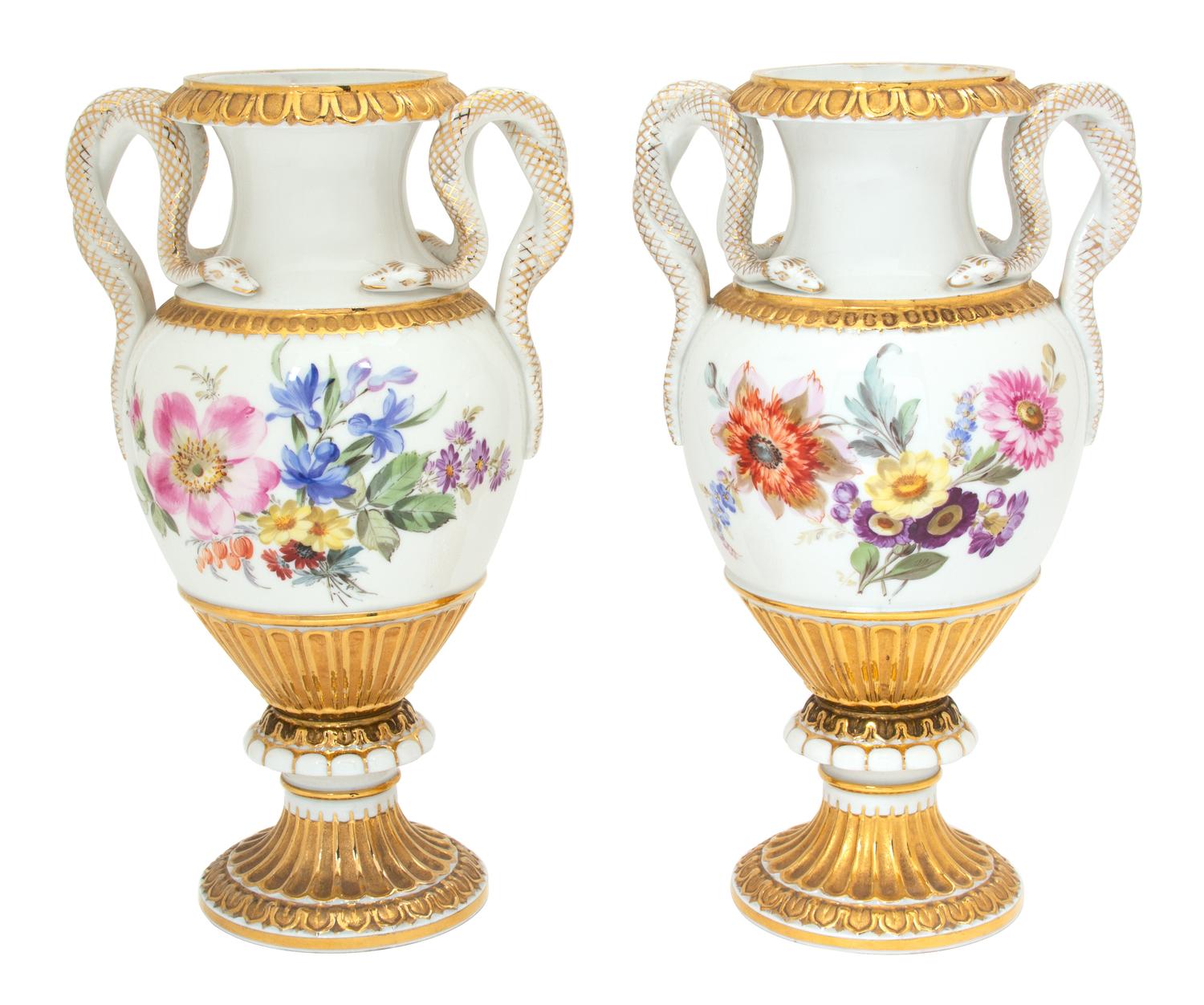 A Pair of Meissen Porcelain Parcel Gilt Snake-Handled Vases Height 14 x width 6 1/4 inches. — LATE 19TH/EARLY 20TH CENTURY
