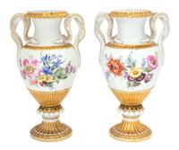 A Pair of Meissen Porcelain Parcel Gilt Snake-Handled Vases Height 14 x width 6 1/4 inches. — LATE 19TH/EARLY 20TH CENTURY
