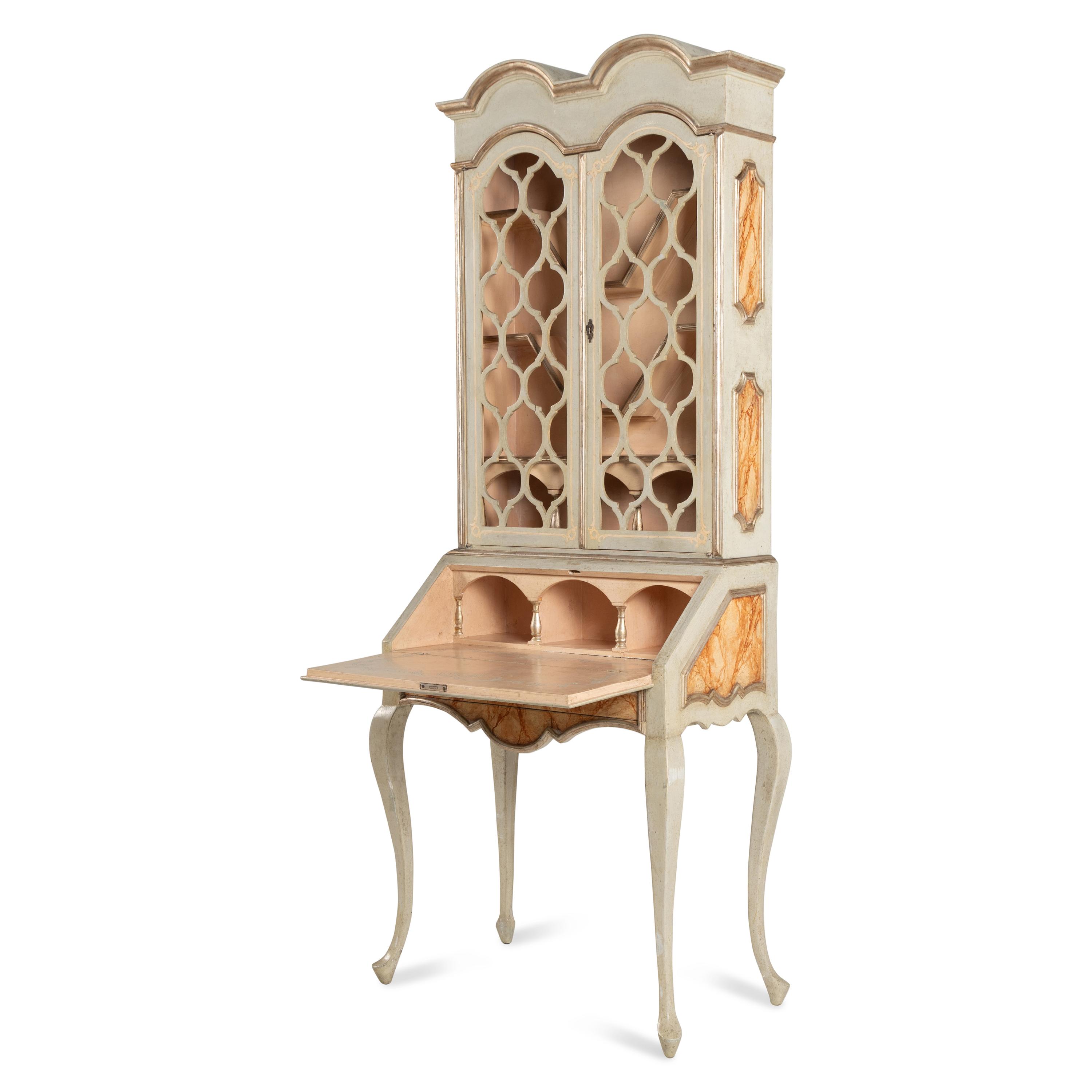 A Venetian Style Faux Marble Painted and Parcel Gilt Bureau Bookcase