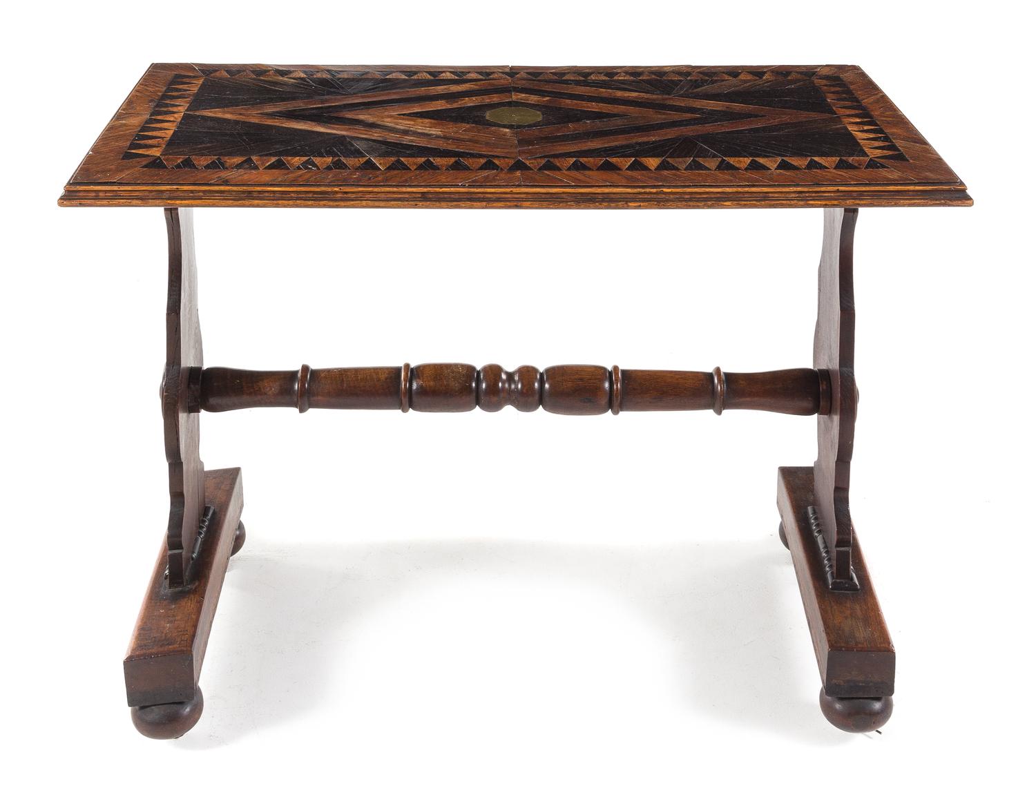 An English Parquetry Shipwreck Table Height 29 1/2 x width 43 x depth 22 1/2 inches. — 19TH CENTURY