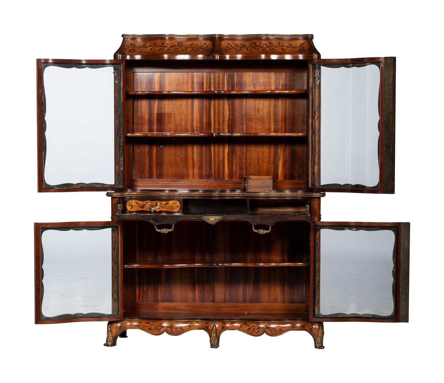 A Louis XV Style Gilt Bronze Mounted Marquetry Serpentine-Front Vitrine Cabinet