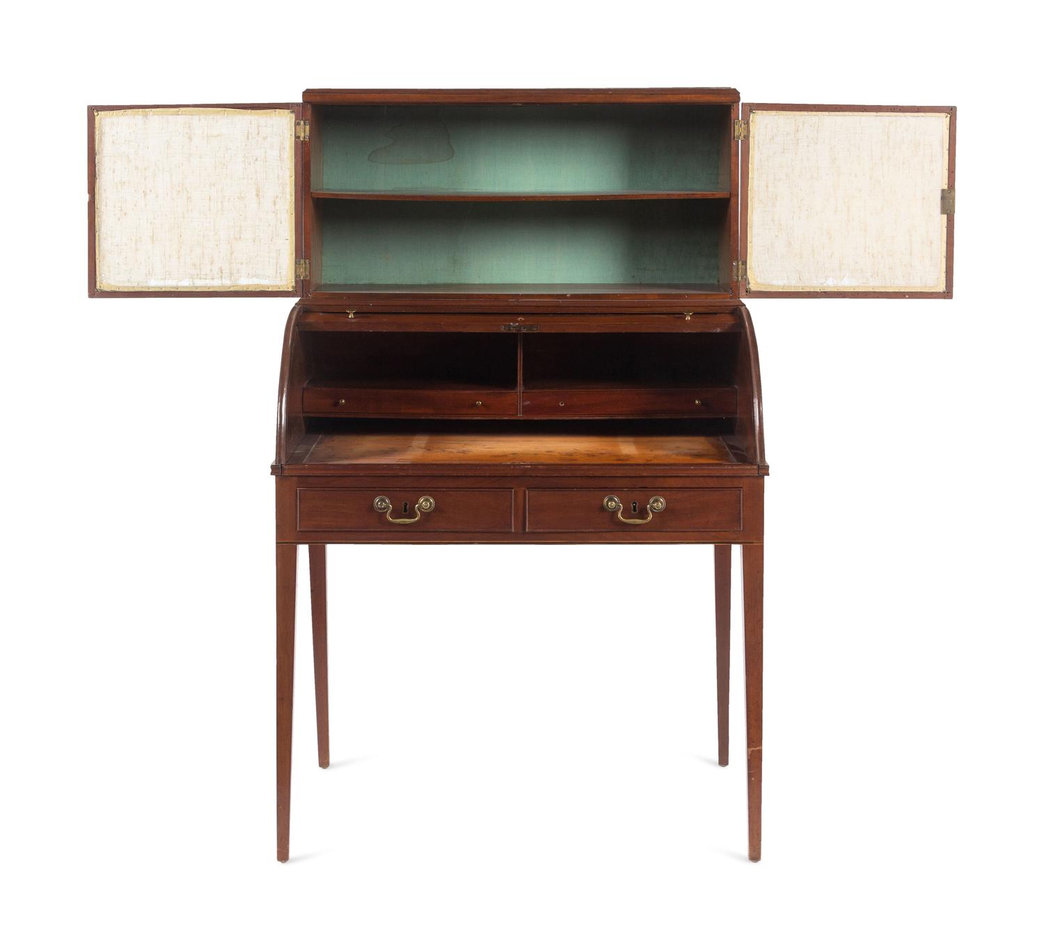 A George III Style Mahogany Marble-Inset Cylinder-Top Bureau
