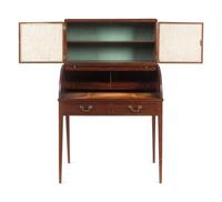 A George III Style Mahogany Marble-Inset Cylinder-Top Bureau