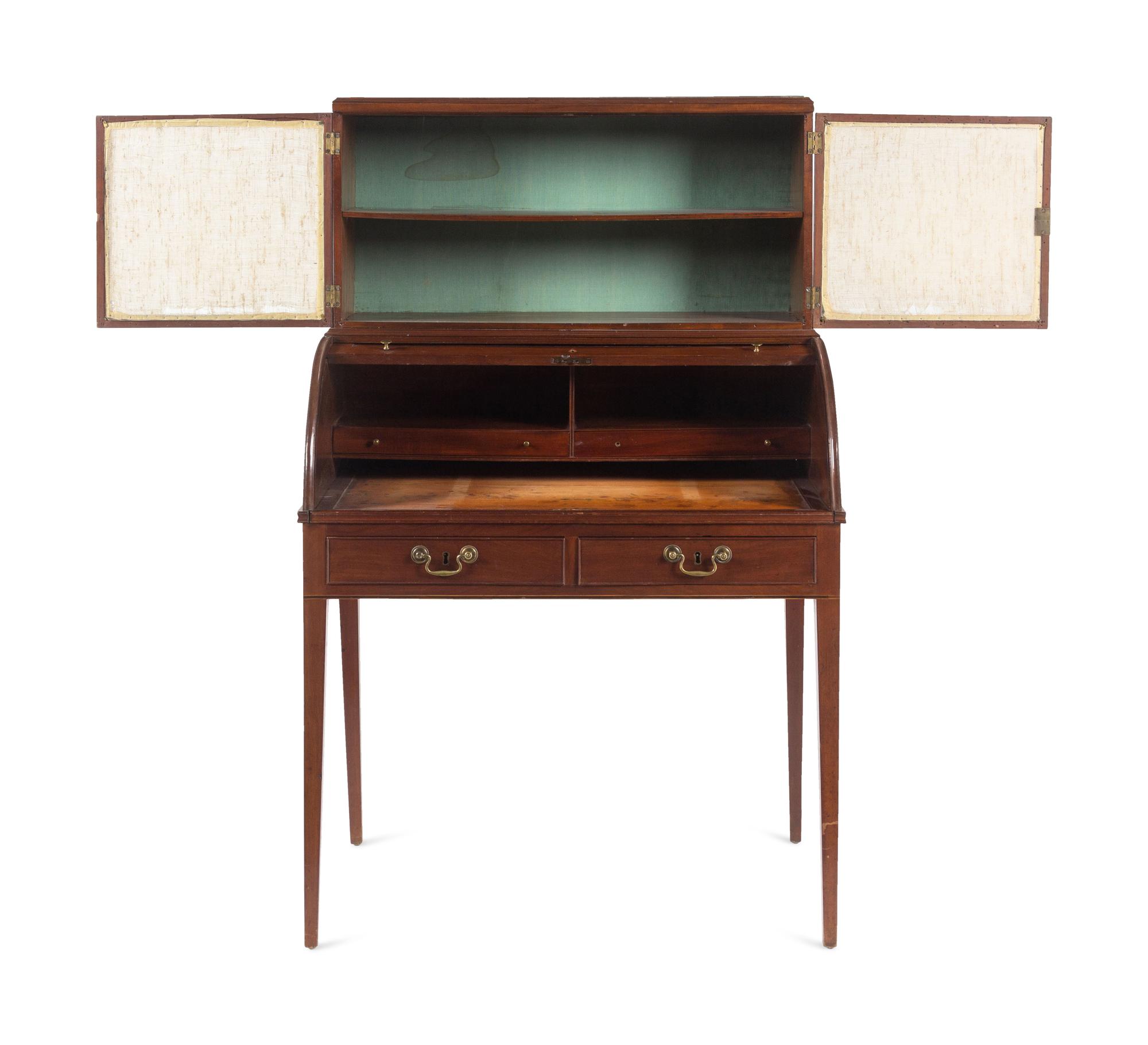 A George III Style Mahogany Marble-Inset Cylinder-Top Bureau