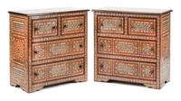 A Pair of Moorish Style Marquetry Chests of Drawers Height 33 1/2 x width 33 x depth 16 1/2 inches.