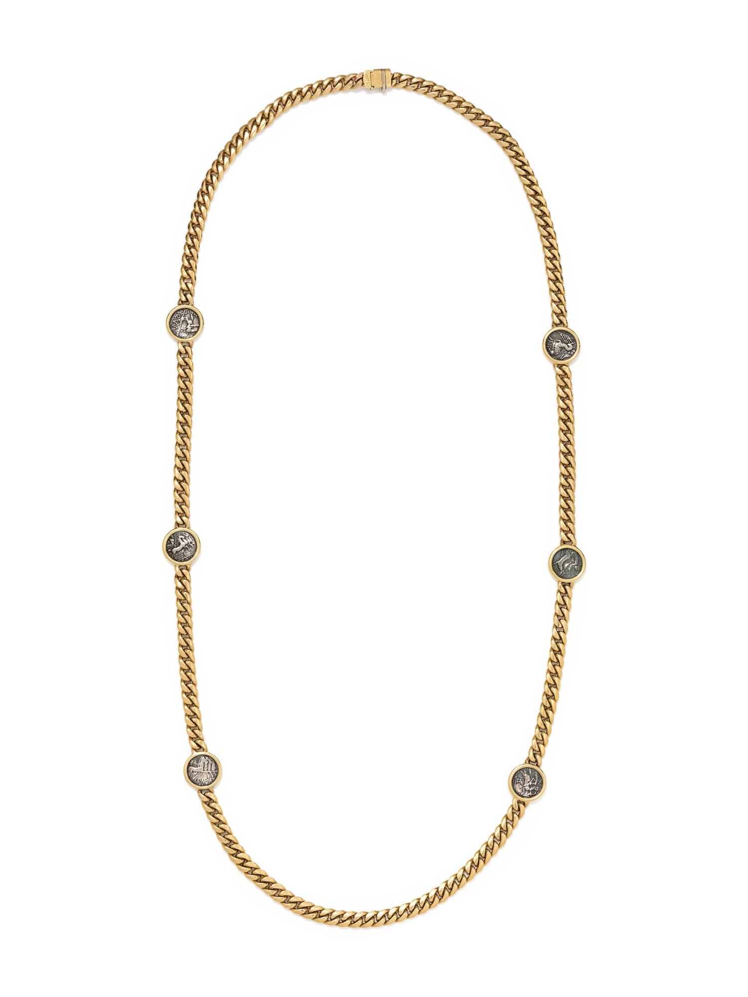 BVLGARI, YELLOW GOLD AND ANCIENT ROMAN COIN LONGCHAIN NECKLACE