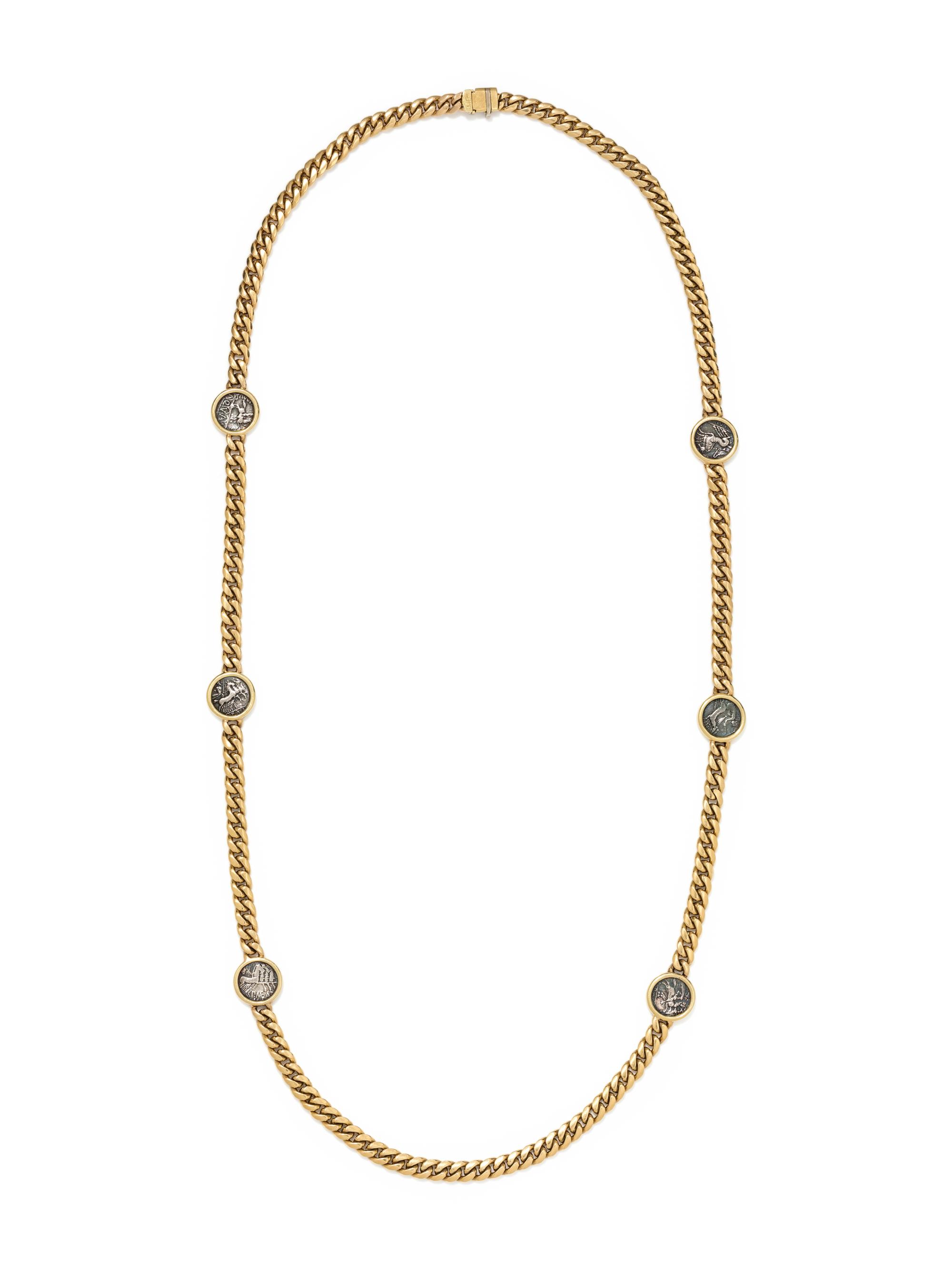 BVLGARI, YELLOW GOLD AND ANCIENT ROMAN COIN LONGCHAIN NECKLACE