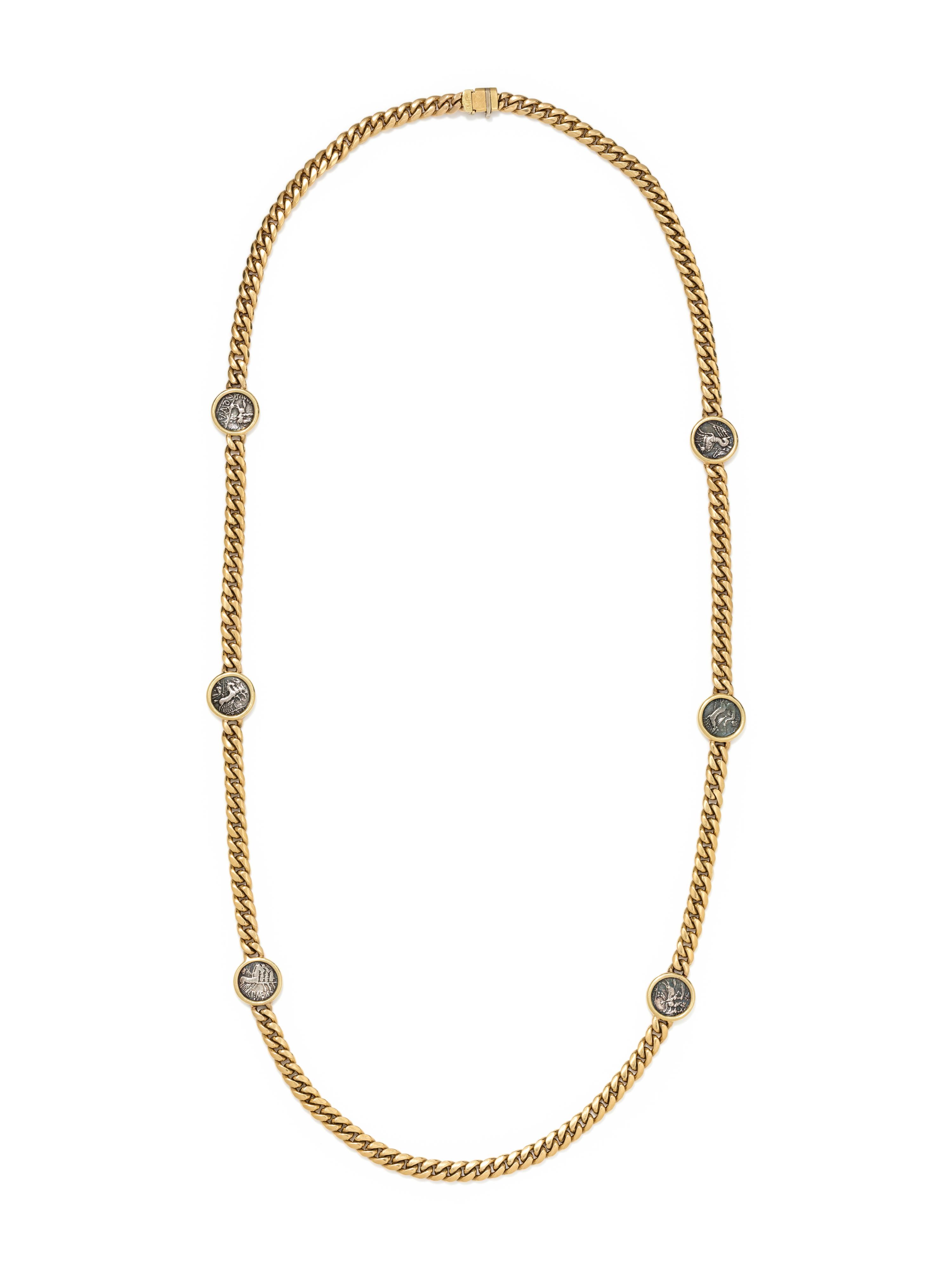 BVLGARI, YELLOW GOLD AND ANCIENT ROMAN COIN LONGCHAIN NECKLACE