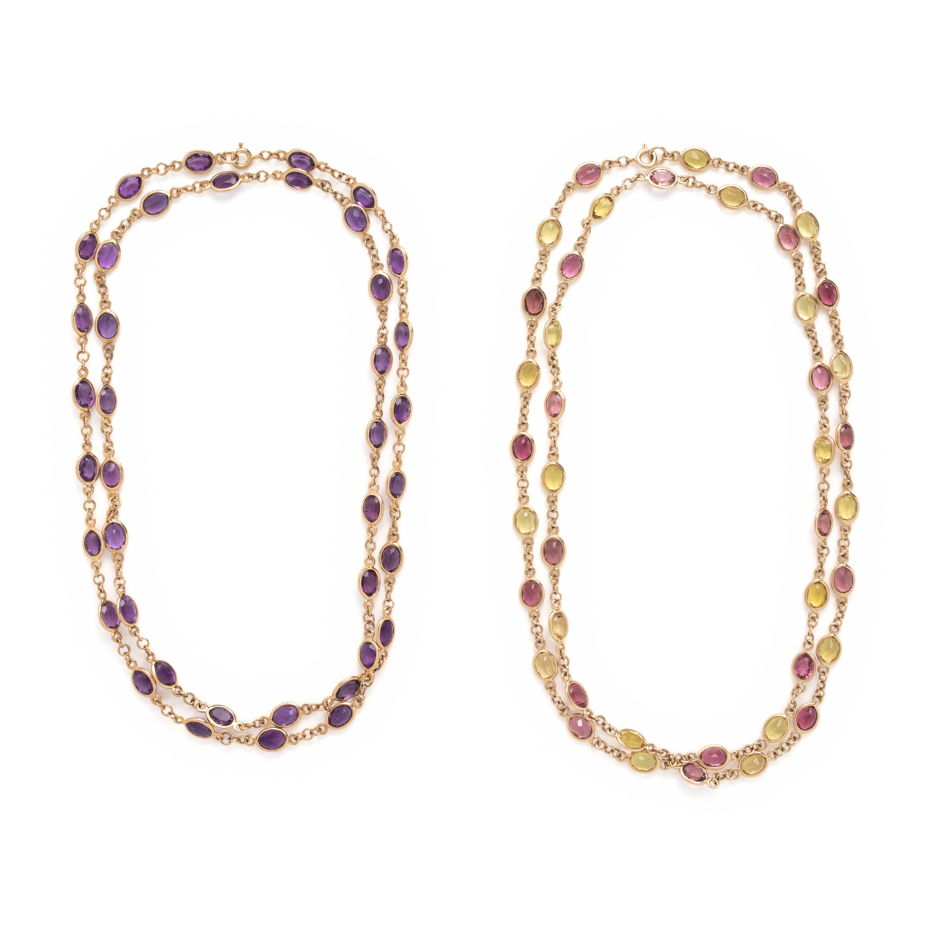 Two Multigem and Yellow Gold Station Necklaces