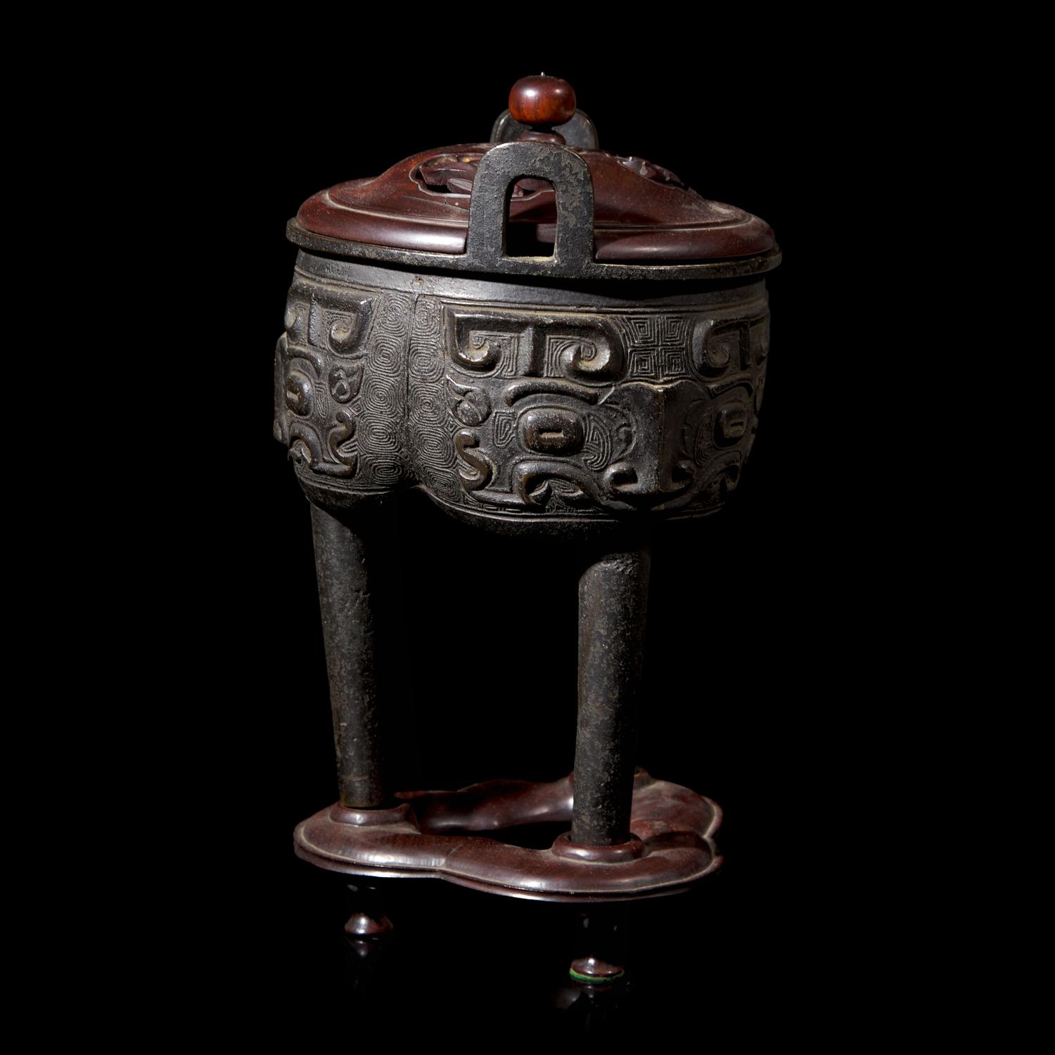 A Chinese Archaistic Patinated Bronze Tripod Censer, Late Ming to Qing Dynasty 明末清初 仿古饕餮紋銅鼎