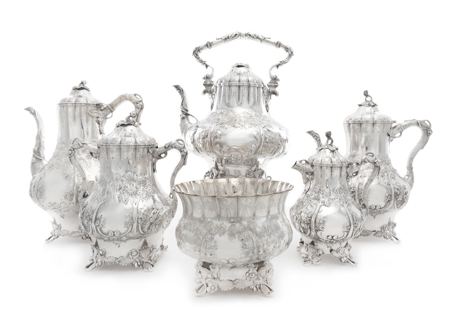 An American Silver Six-Piece Tea and Coffee Service, Ball, Black & Co., New York, NY, Mid-19th Century, comprising a water kettle on st