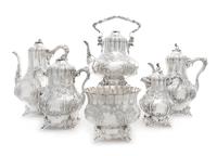 An American Silver Six-Piece Tea and Coffee Service, Ball, Black & Co., New York, NY, Mid-19th Century, comprising a water kettle on st