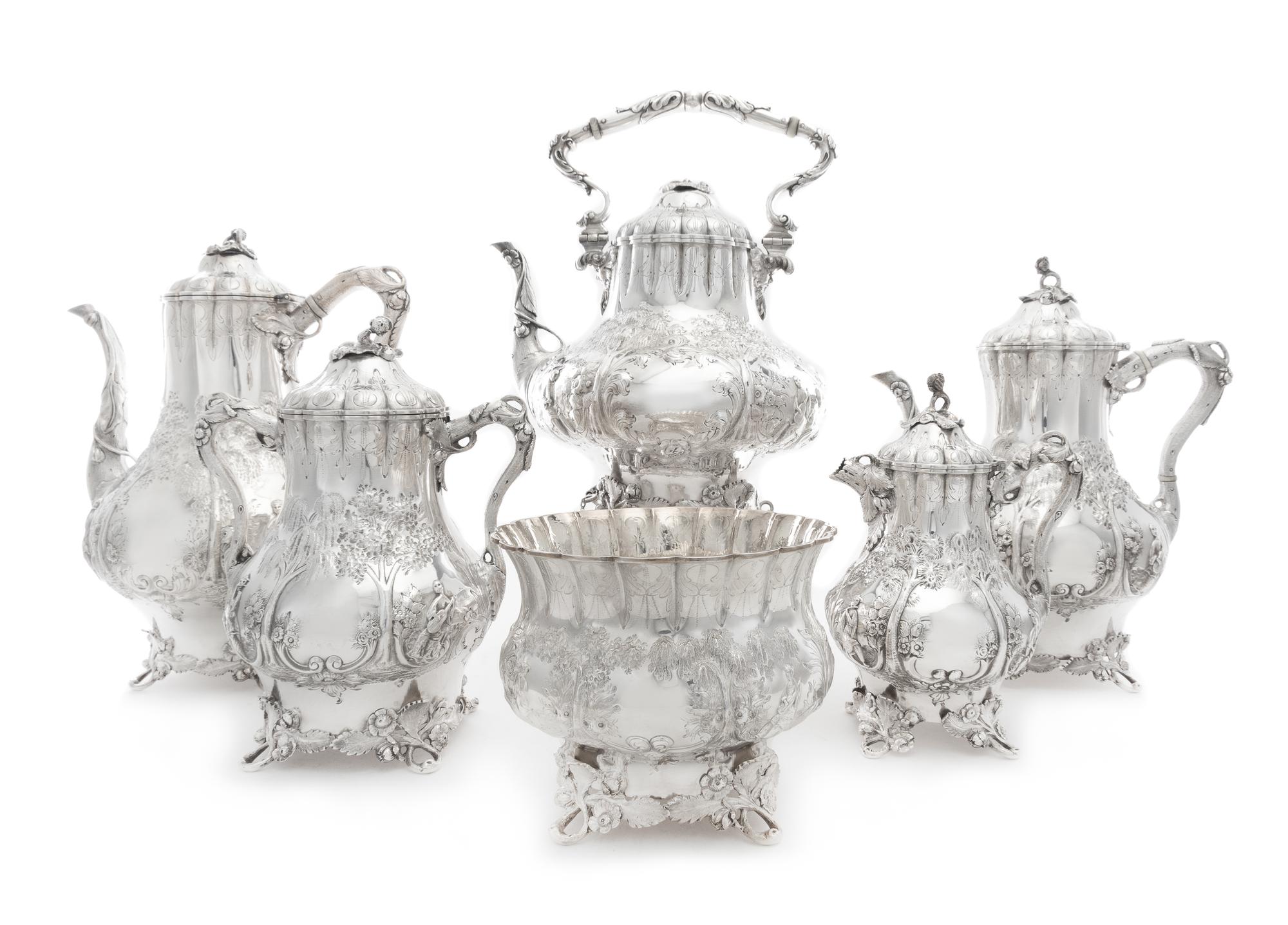 An American Silver Six-Piece Tea and Coffee Service, Ball, Black & Co., New York, NY, Mid-19th Century, comprising a water kettle on st