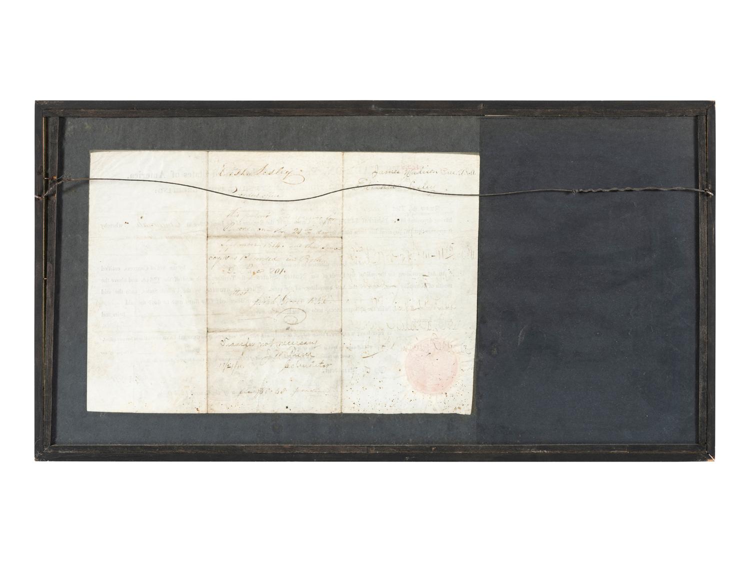 MADISON, James (1751-1836). Partly printed document signed ("James Madison"), as President of the United States, countersigned by Edward Tiffin as Commissioner of the General Land Office. Washington, D.C., 1 June 1814.