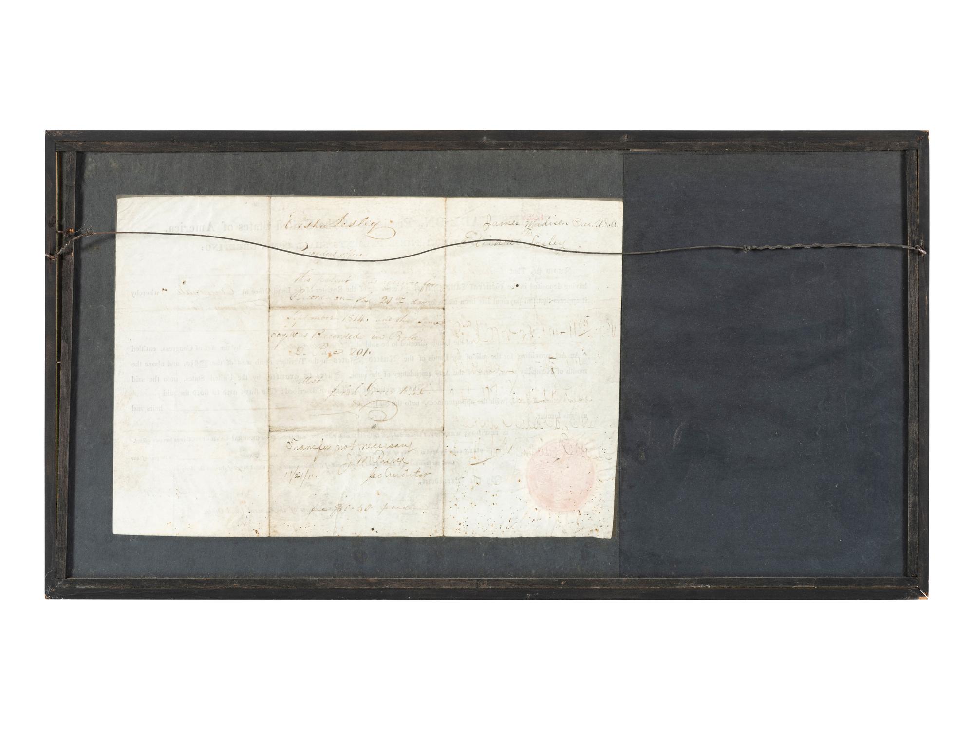 MADISON, James (1751-1836). Partly printed document signed ("James Madison"), as President of the United States, countersigned by Edward Tiffin as Commissioner of the General Land Office. Washington, D.C., 1 June 1814.