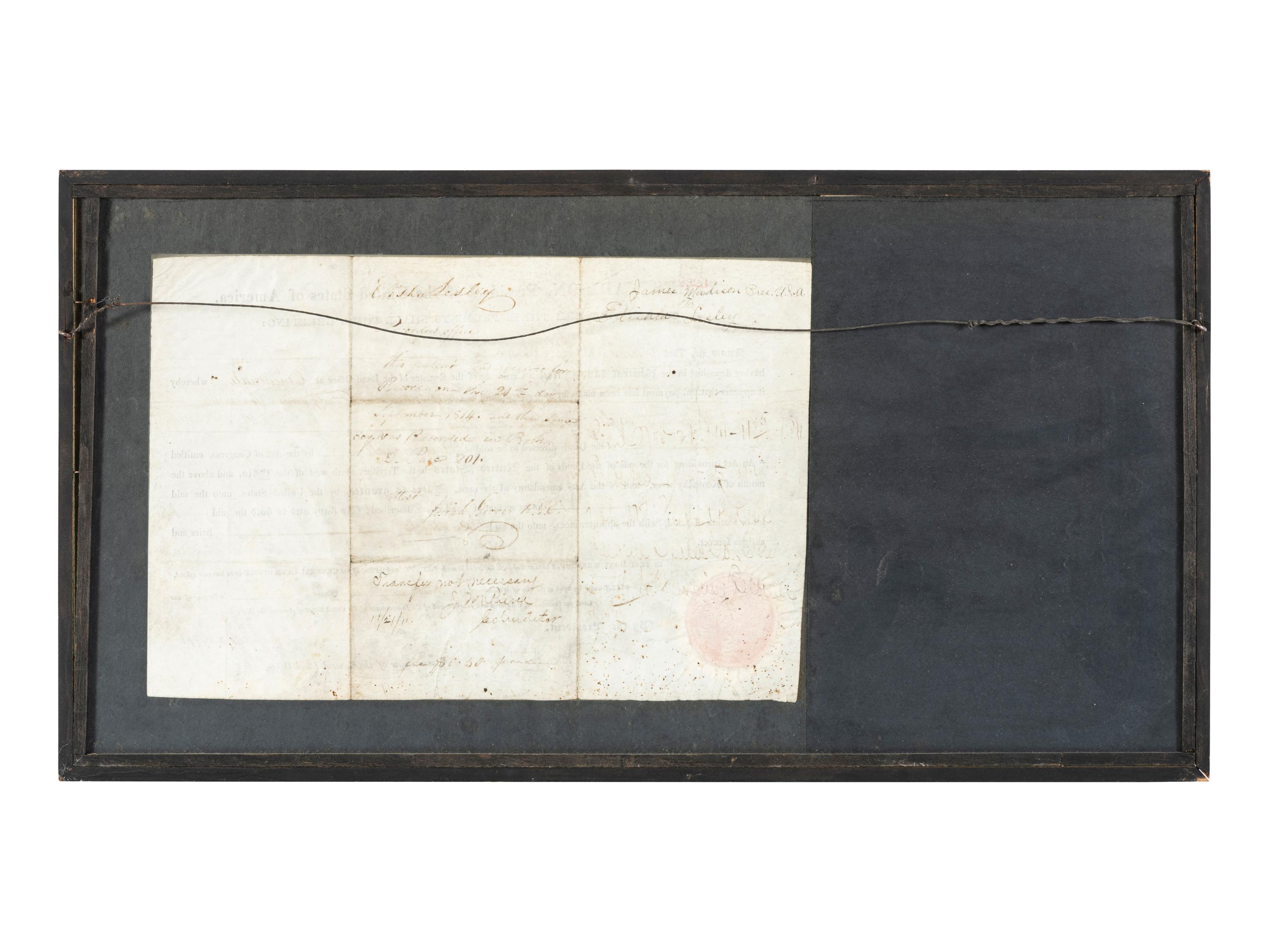 MADISON, James (1751-1836). Partly printed document signed ("James Madison"), as President of the United States, countersigned by Edward Tiffin as Commissioner of the General Land Office. Washington, D.C., 1 June 1814.
