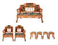 A Seven-Piece Red Painted Chinoiserie Decorated Salon Suite