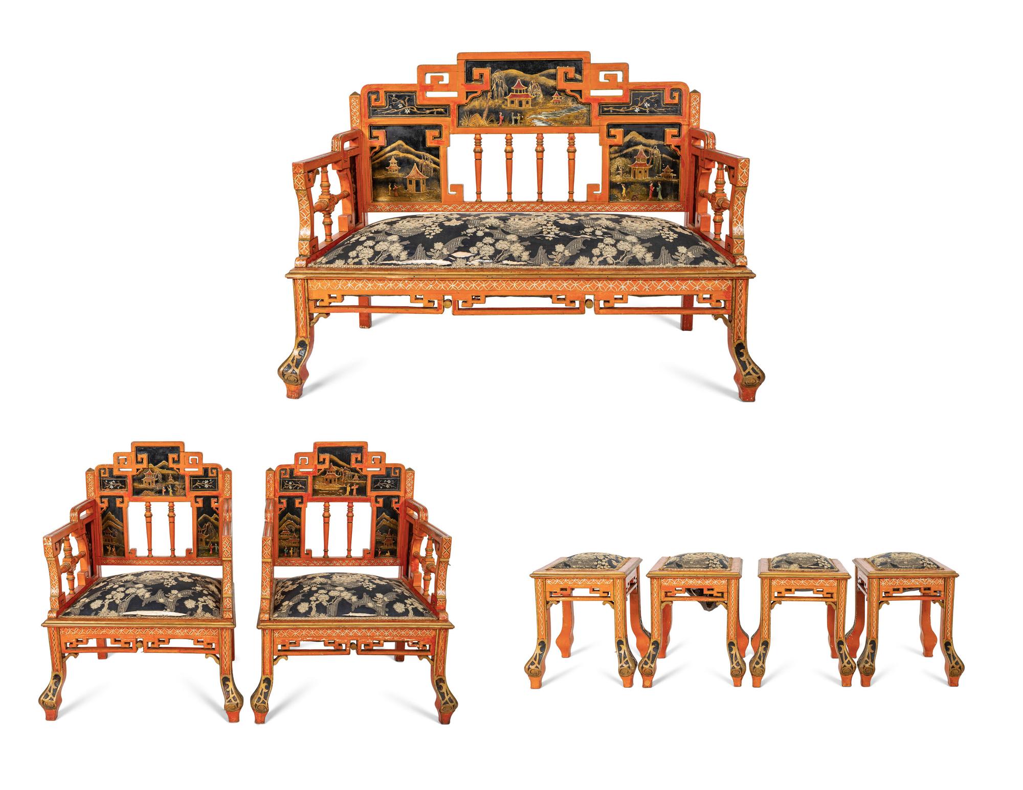 A Seven-Piece Red Painted Chinoiserie Decorated Salon Suite