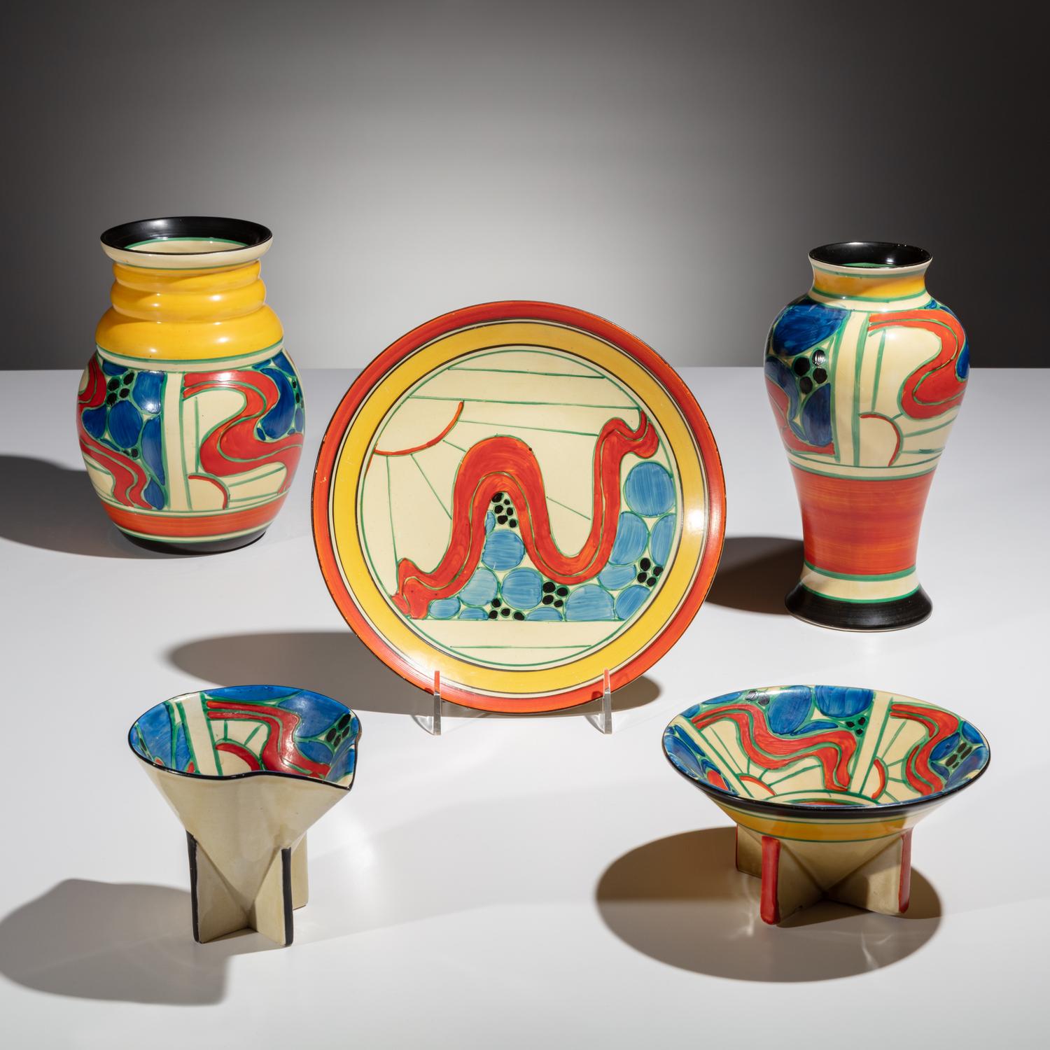 Clarice Cliff (English, 1899–1972) — Sunrise pattern, 5 pieces