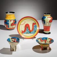 Clarice Cliff (English, 1899–1972) — Sunrise pattern, 5 pieces