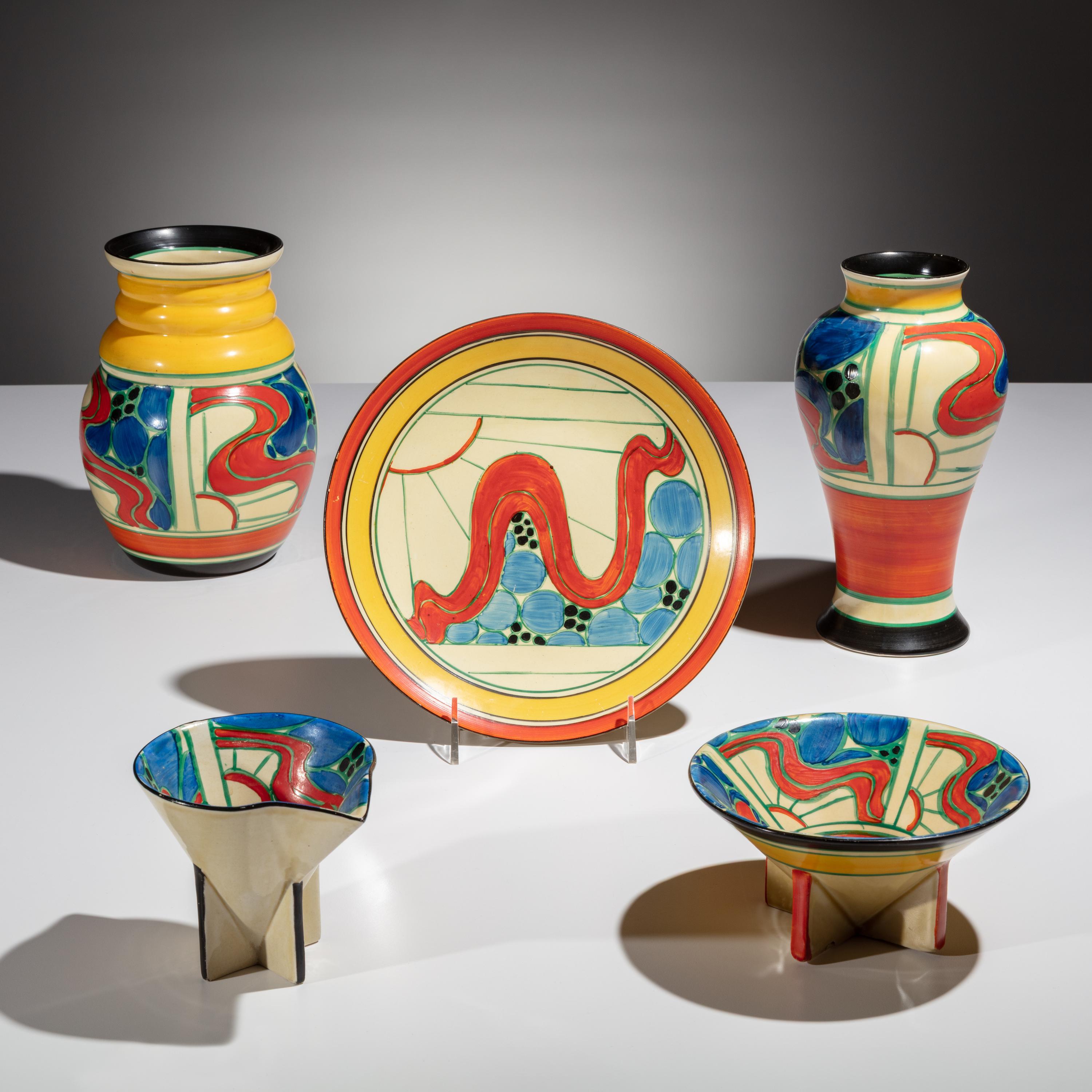 Clarice Cliff (English, 1899–1972) — Sunrise pattern, 5 pieces