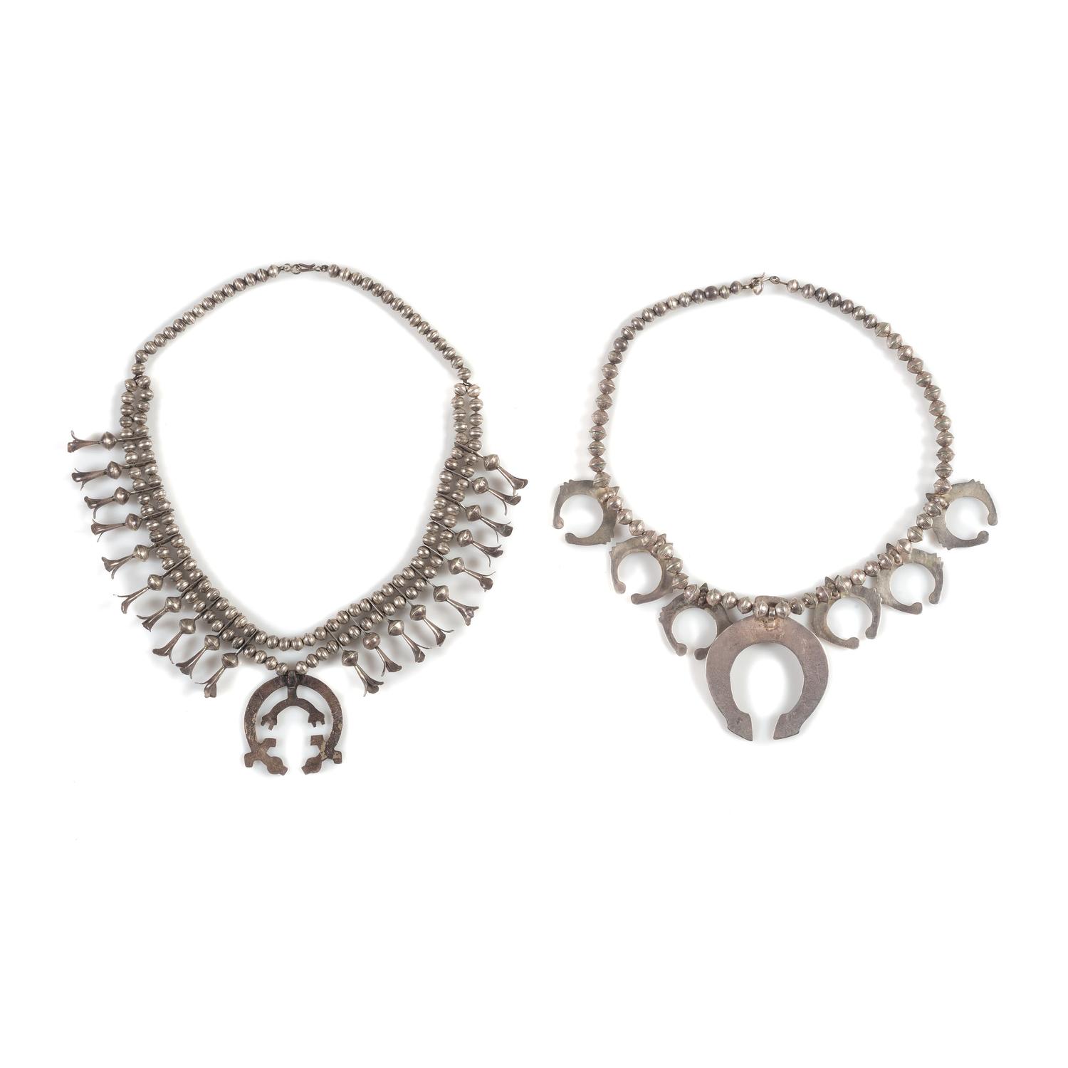 Pair of Navajo Sandcast Silver Squash Blossom Necklaces