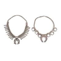 Pair of Navajo Sandcast Silver Squash Blossom Necklaces