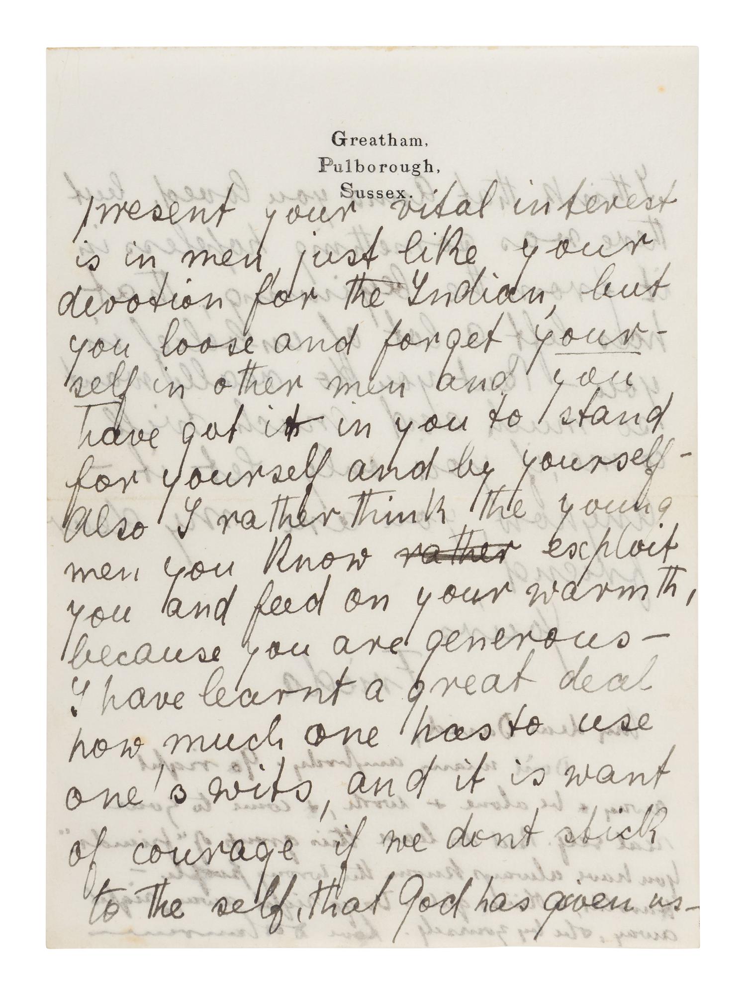 LAWRENCE, D. H. (1885-1930). Autograph letter signed ("D. H. Lawrence"), to David Garnett. Greatham, Pulborough, Sussex, [19 April 1915]. 5 pages, 8vo . [ With :] LAWRENCE, Freida. Autograph letter signed ("Freida"), to David Garnett. [19 April 1915]. With postscript from D. H. Lawrence at end. 2 pages, 8vo, with original envelope marked "Absolutely Private ."