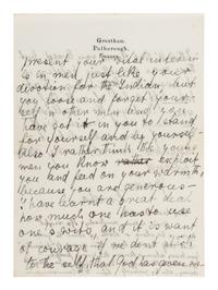 LAWRENCE, D. H. (1885-1930). Autograph letter signed ("D. H. Lawrence"), to David Garnett. Greatham, Pulborough, Sussex, [19 April 1915]. 5 pages, 8vo . [ With :] LAWRENCE, Freida. Autograph letter signed ("Freida"), to David Garnett. [19 April 1915]. With postscript from D. H. Lawrence at end. 2 pages, 8vo, with original envelope marked "Absolutely Private ."