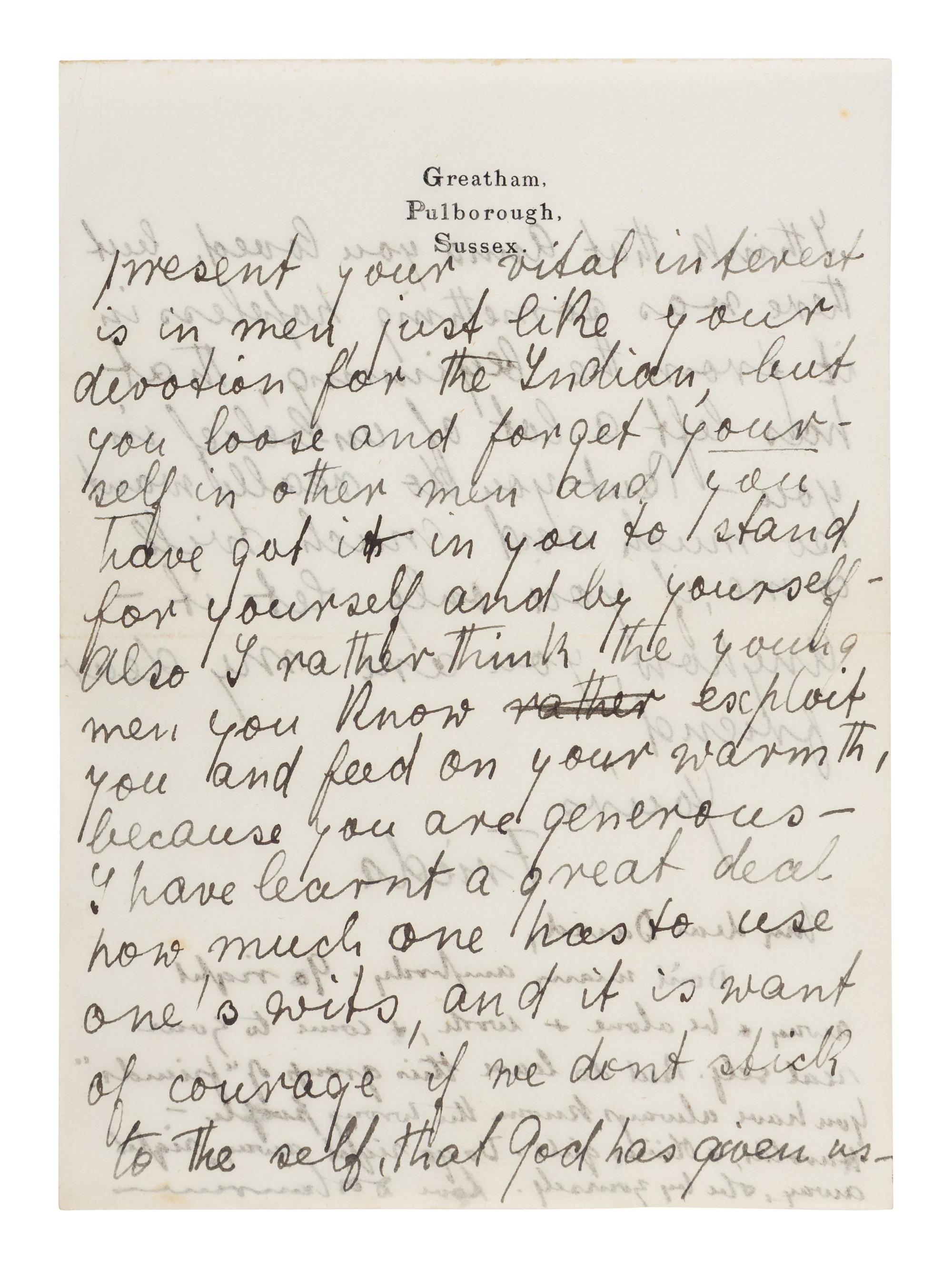 LAWRENCE, D. H. (1885-1930). Autograph letter signed ("D. H. Lawrence"), to David Garnett. Greatham, Pulborough, Sussex, [19 April 1915]. 5 pages, 8vo . [ With :] LAWRENCE, Freida. Autograph letter signed ("Freida"), to David Garnett. [19 April 1915]. With postscript from D. H. Lawrence at end. 2 pages, 8vo, with original envelope marked "Absolutely Private ."