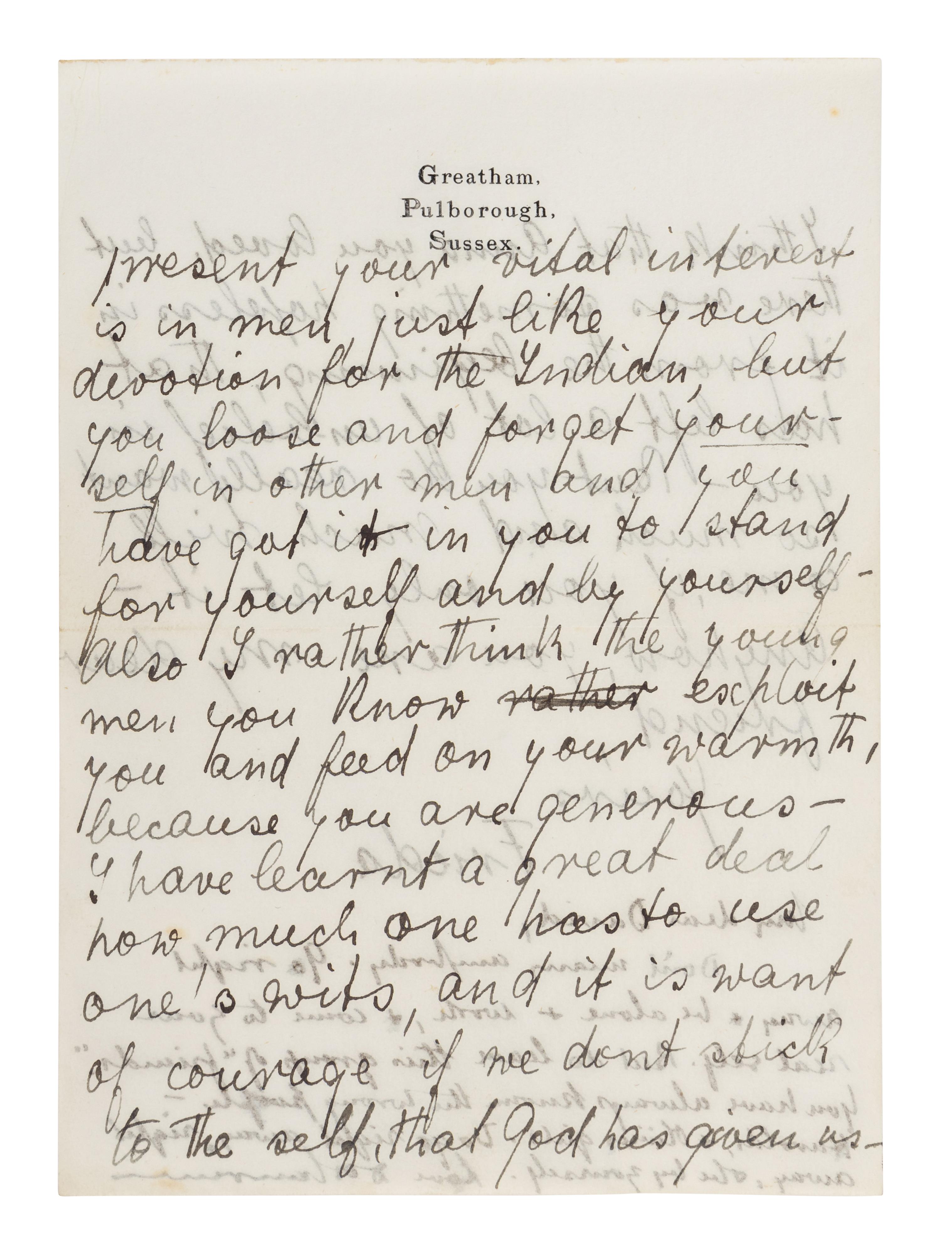 LAWRENCE, D. H. (1885-1930). Autograph letter signed ("D. H. Lawrence"), to David Garnett. Greatham, Pulborough, Sussex, [19 April 1915]. 5 pages, 8vo . [ With :] LAWRENCE, Freida. Autograph letter signed ("Freida"), to David Garnett. [19 April 1915]. With postscript from D. H. Lawrence at end. 2 pages, 8vo, with original envelope marked "Absolutely Private ."