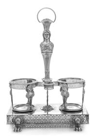 A French Silver Cruet Stand, Ambroise Mignerot, Paris, First Half 19th Century, the caryatid stem with a fruit basket finial above two