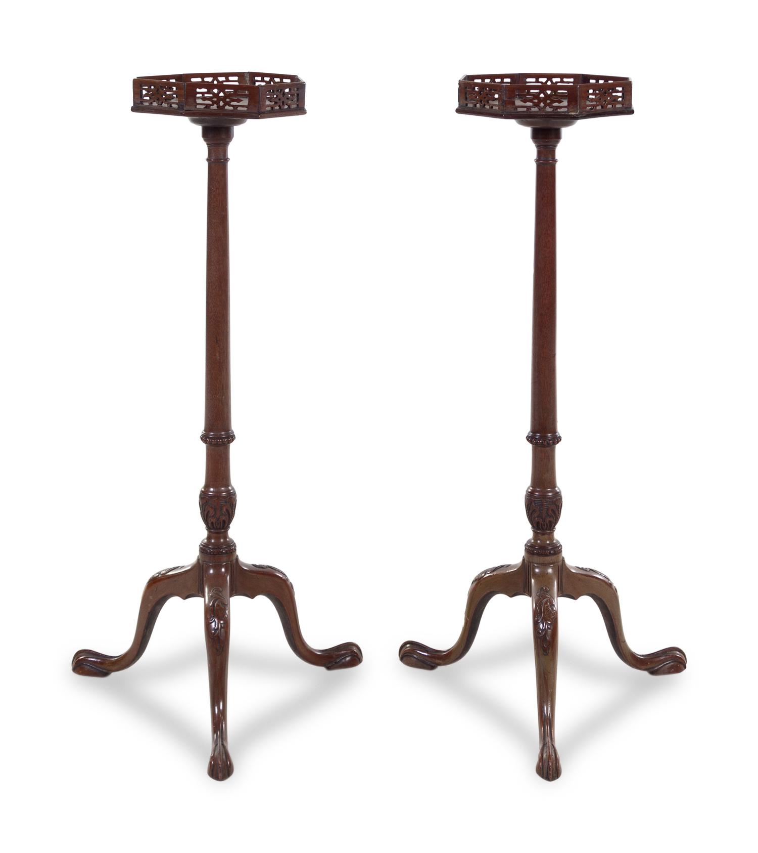 A Pair of Chinese Chippendale Mahogany Candle Stands