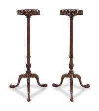 A Pair of Chinese Chippendale Mahogany Candle Stands
