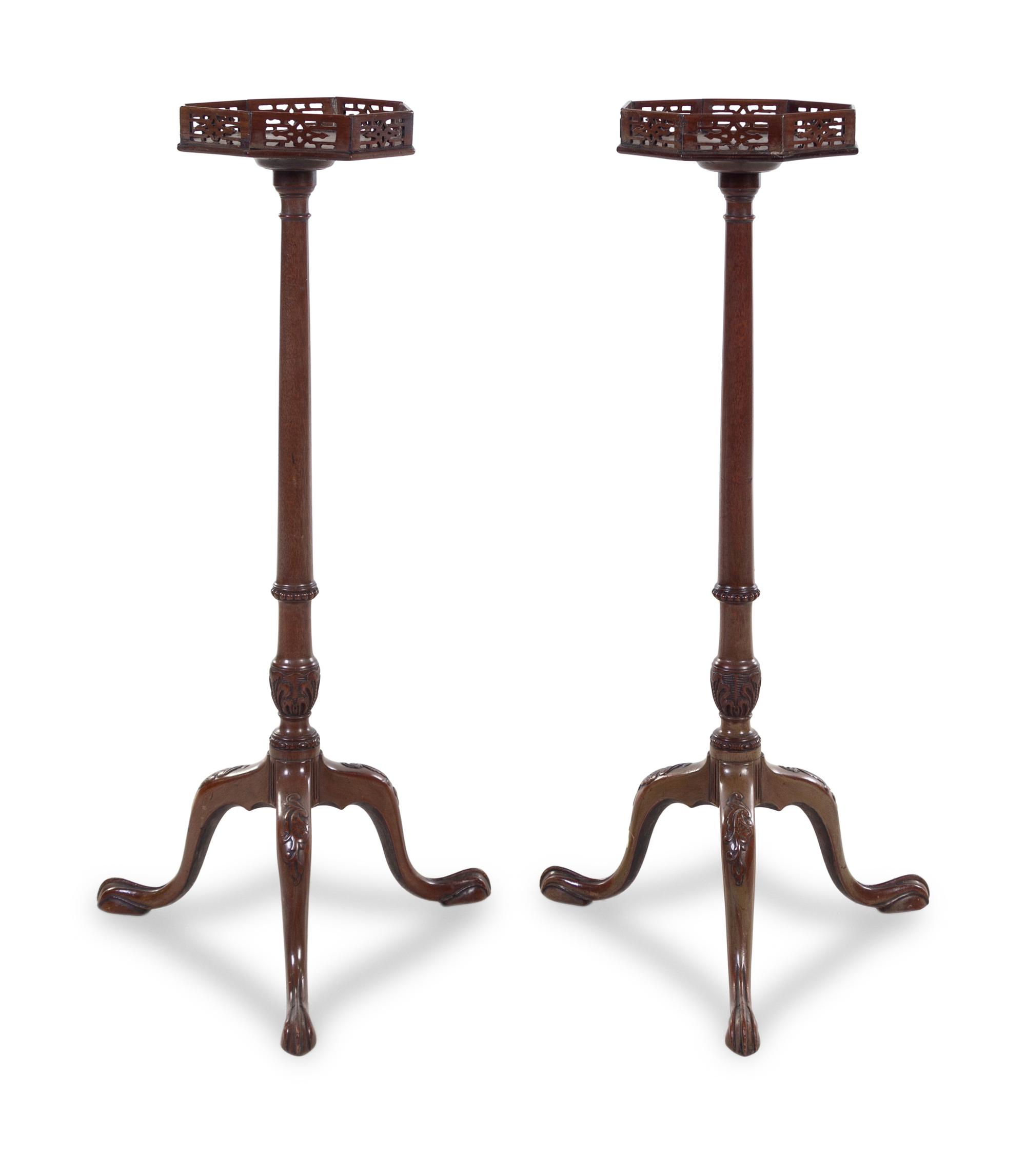 A Pair of Chinese Chippendale Mahogany Candle Stands