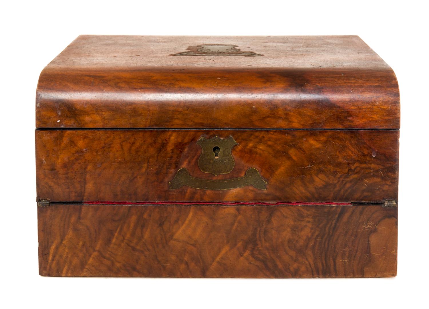 An English Brass Inlaid Burlwood Writing Box Height 6 3/4 x width 12 x depth 9 inches. — 19TH CENTURY
