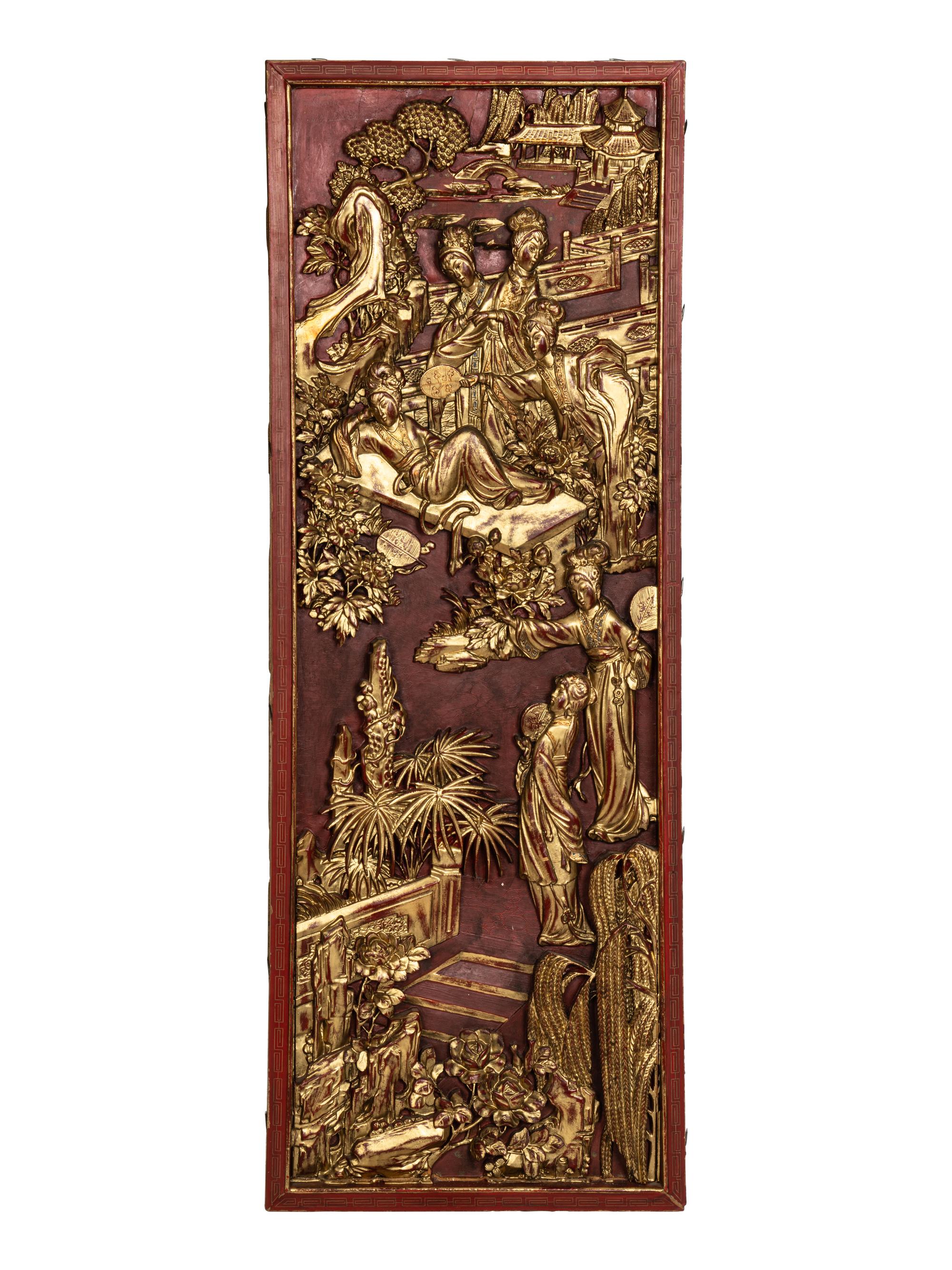 Two Pairs of Chinese Gilt and Red Lacquered Wood Panels