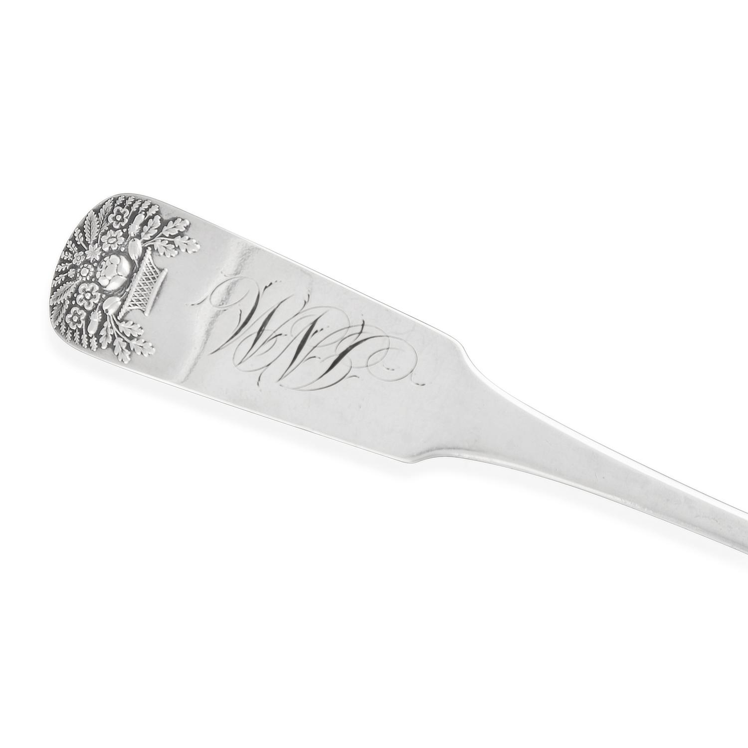 An Assembled Group of Coin Silver Fiddle-Back Flatware with Cast Flower Basket Handles