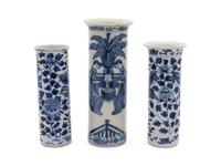 Three Chinese Blue and White Porcelain Cylindrical Vases — 19TH CENTURY