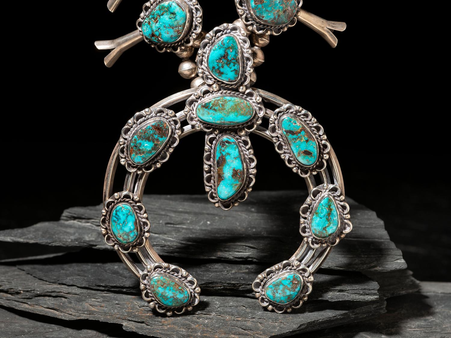 Navajo Silver and Turquoise Squash Blossom Necklace