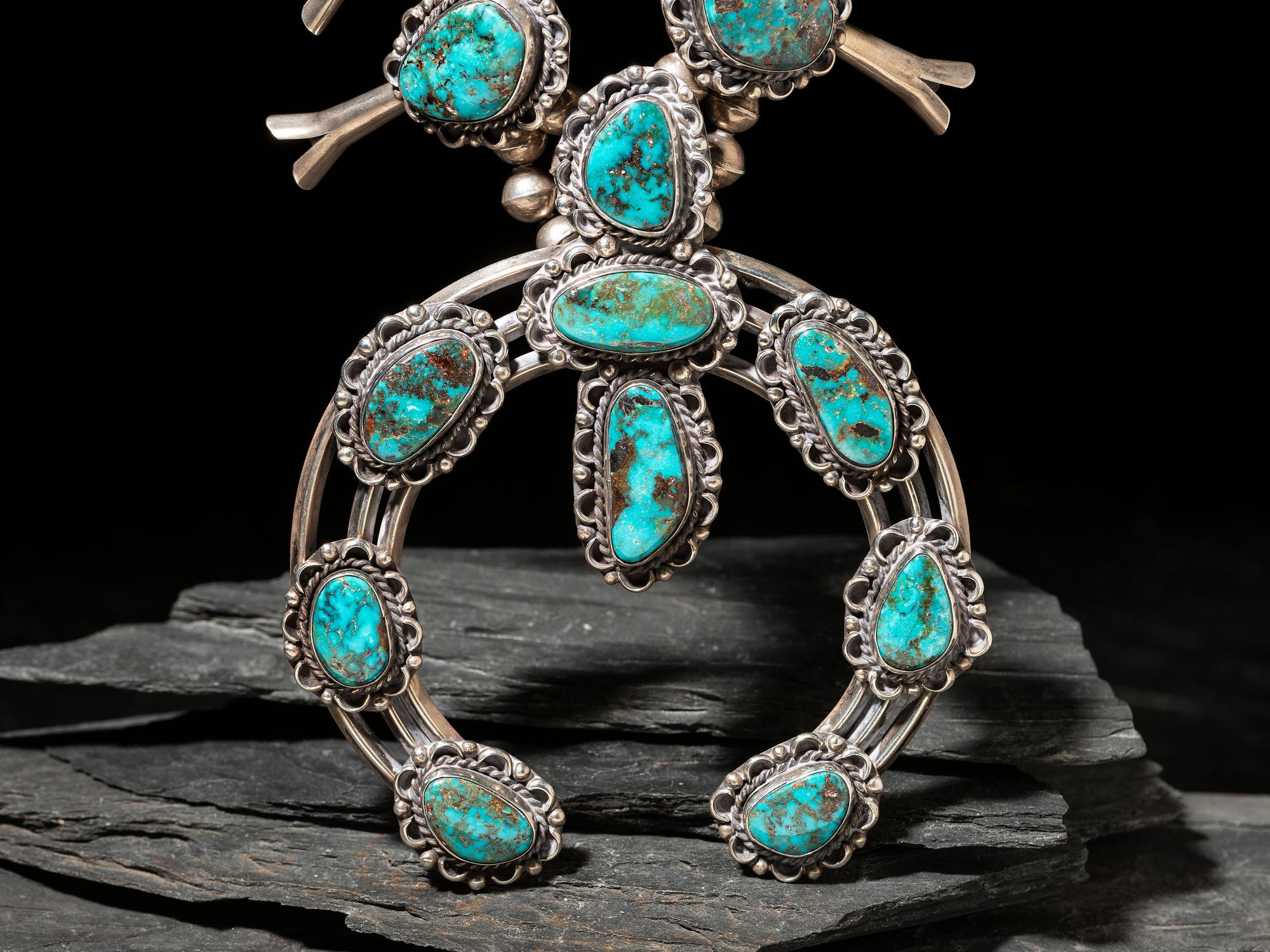 Navajo Silver and Turquoise Squash Blossom Necklace