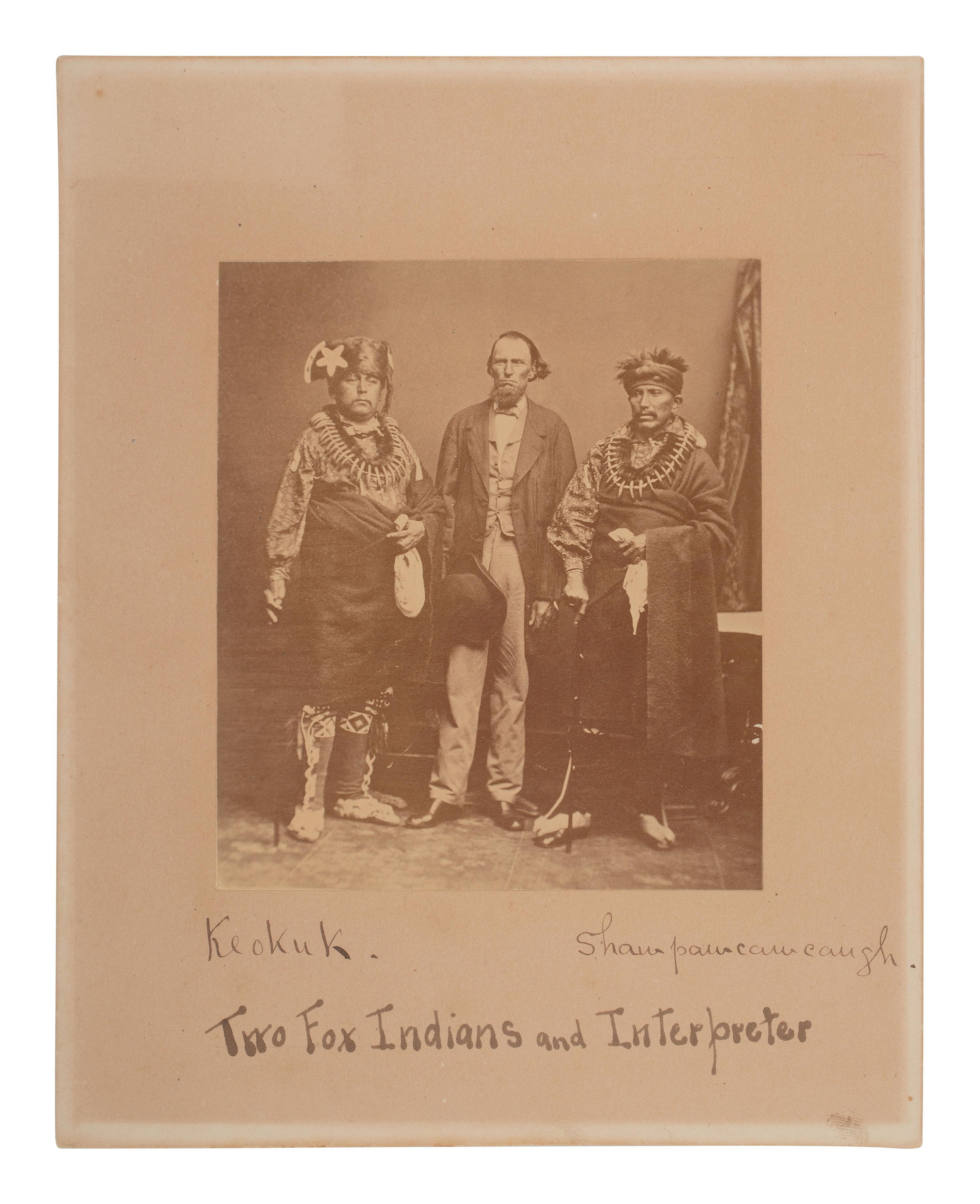 [BRADY, Mathew (ca 1822/1824-1896), photographer]. Albumen photograph of Moses Keokuk and Shawpawcawcaugh with white interpreter. [Topeka, KS, ca 1864].