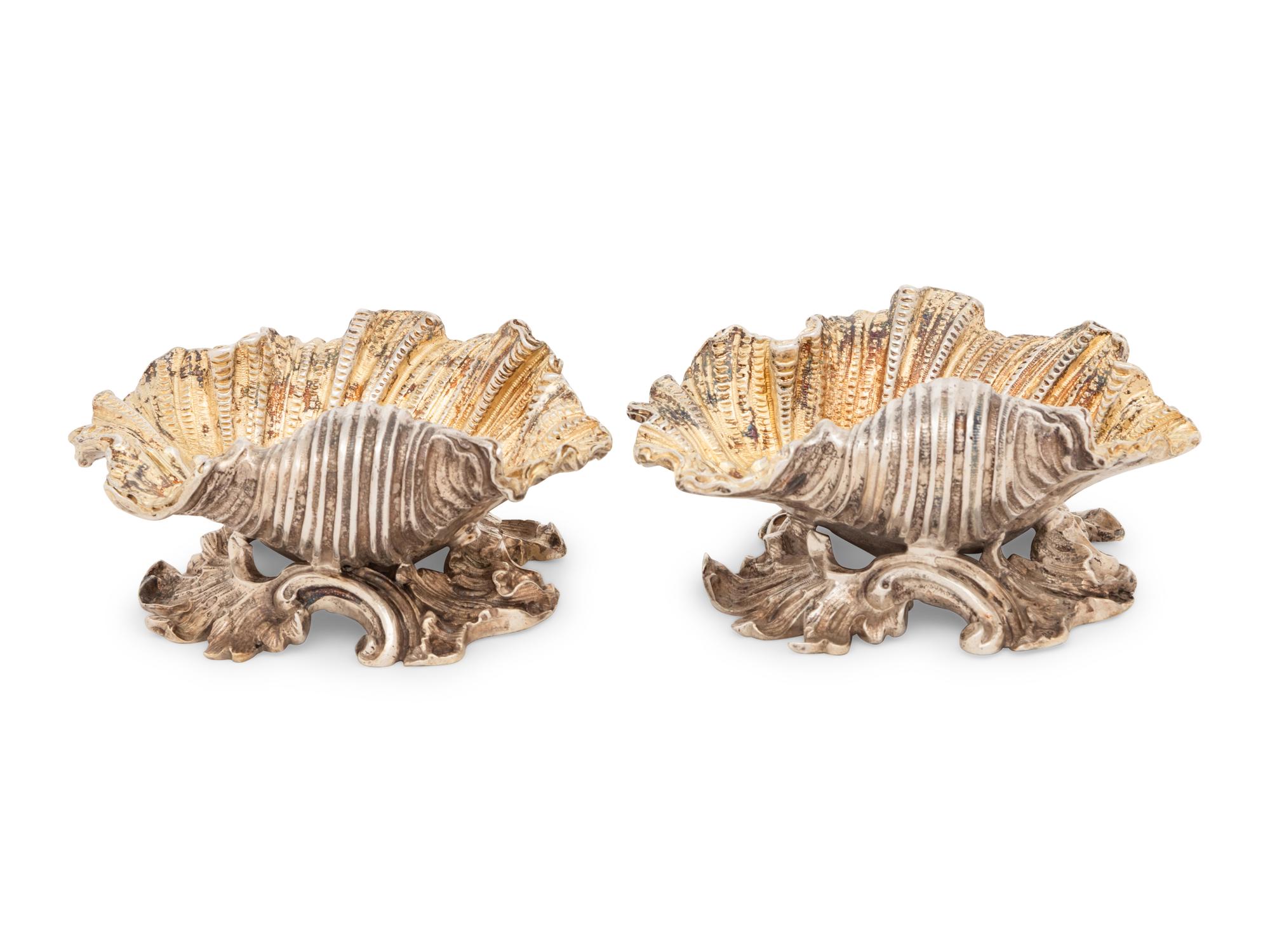 A Pair of William IV Parcel-Gilt Silver Shell-Form Salt Cellars