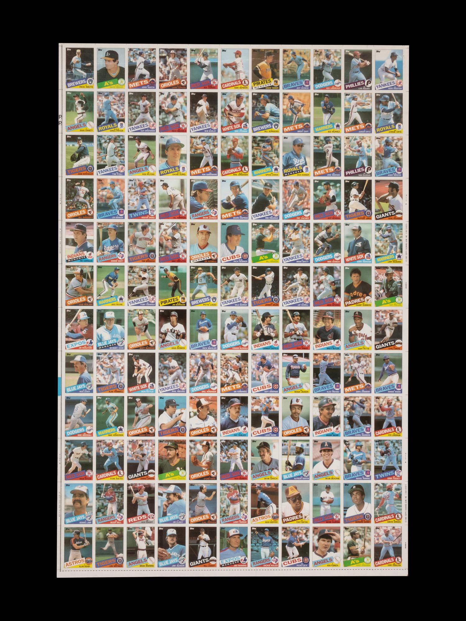 A Complete Set of 1985 Topps Baseball Cards in Six Uncut Sheets Featuring Mark McGwire, Roger Clemens and Kirby Puckett Rookie Cards
