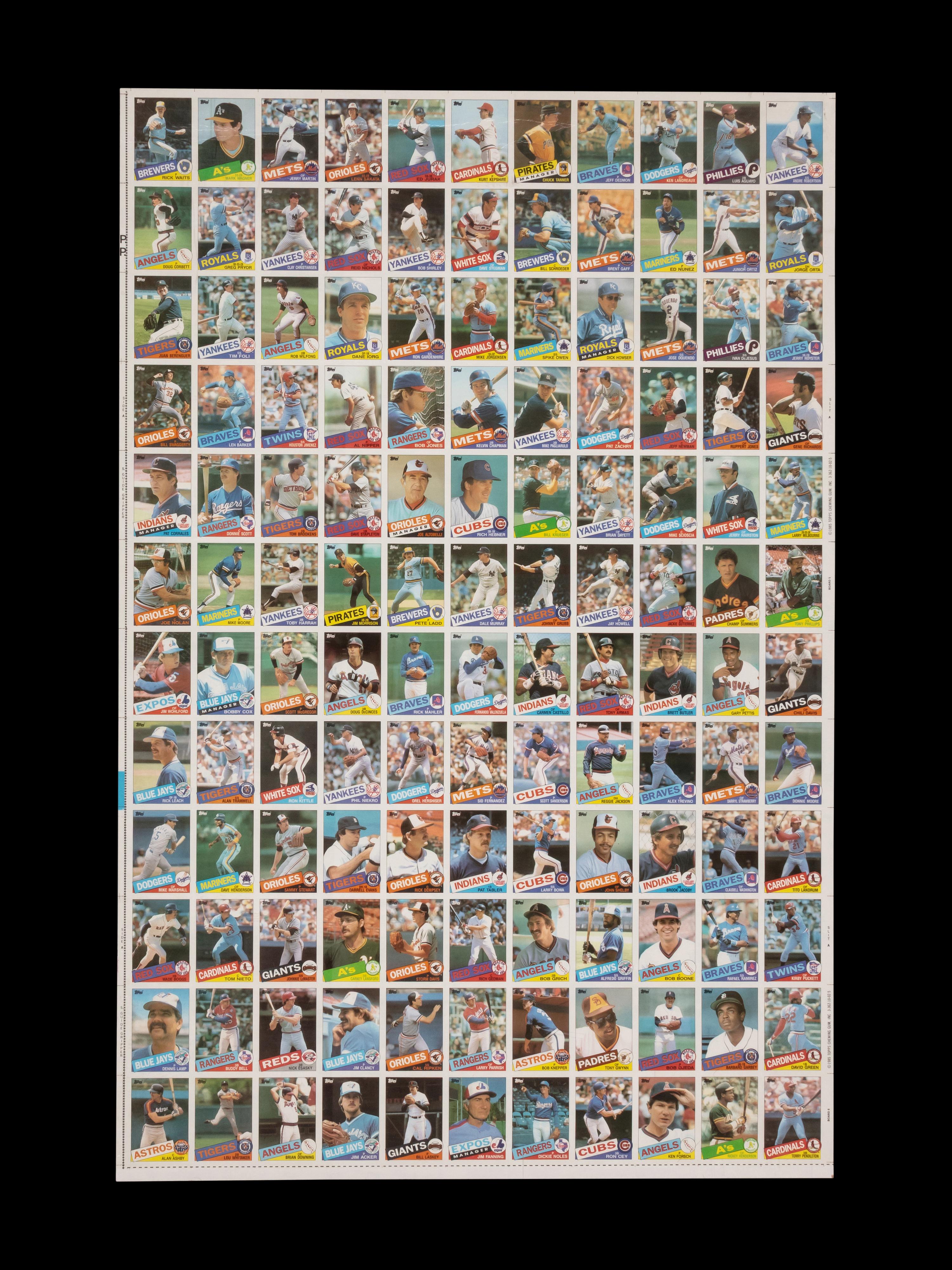 A Complete Set of 1985 Topps Baseball Cards in Six Uncut Sheets Featuring Mark McGwire, Roger Clemens and Kirby Puckett Rookie Cards