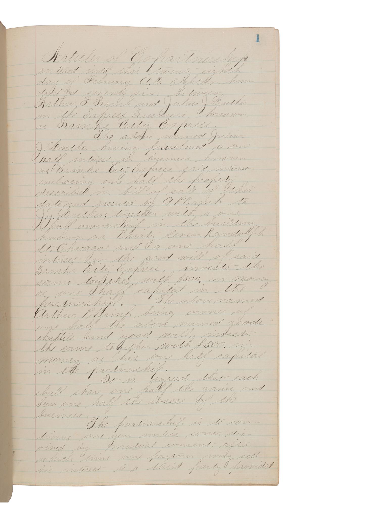 [BUSINESS]. BRINK, Arthur P. (1855-1916). Accounting ledger featuring "Articles of Co-Partnership" for "Brink & Luther, Proprietors." Chicago, 1876-1877.