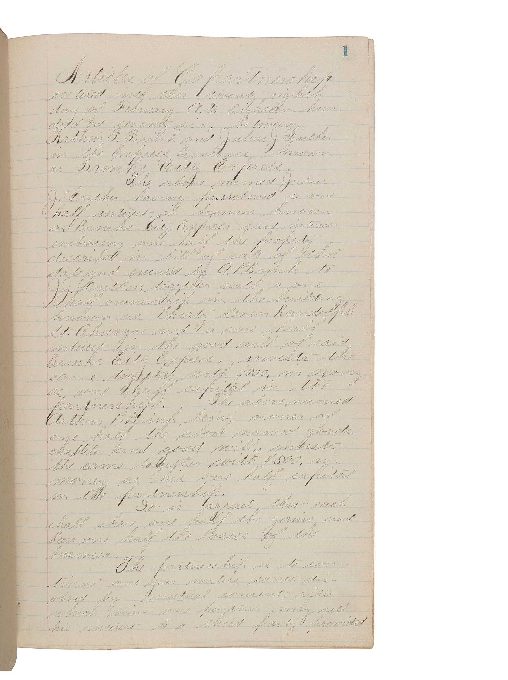 [BUSINESS]. BRINK, Arthur P. (1855-1916). Accounting ledger featuring "Articles of Co-Partnership" for "Brink & Luther, Proprietors." Chicago, 1876-1877.
