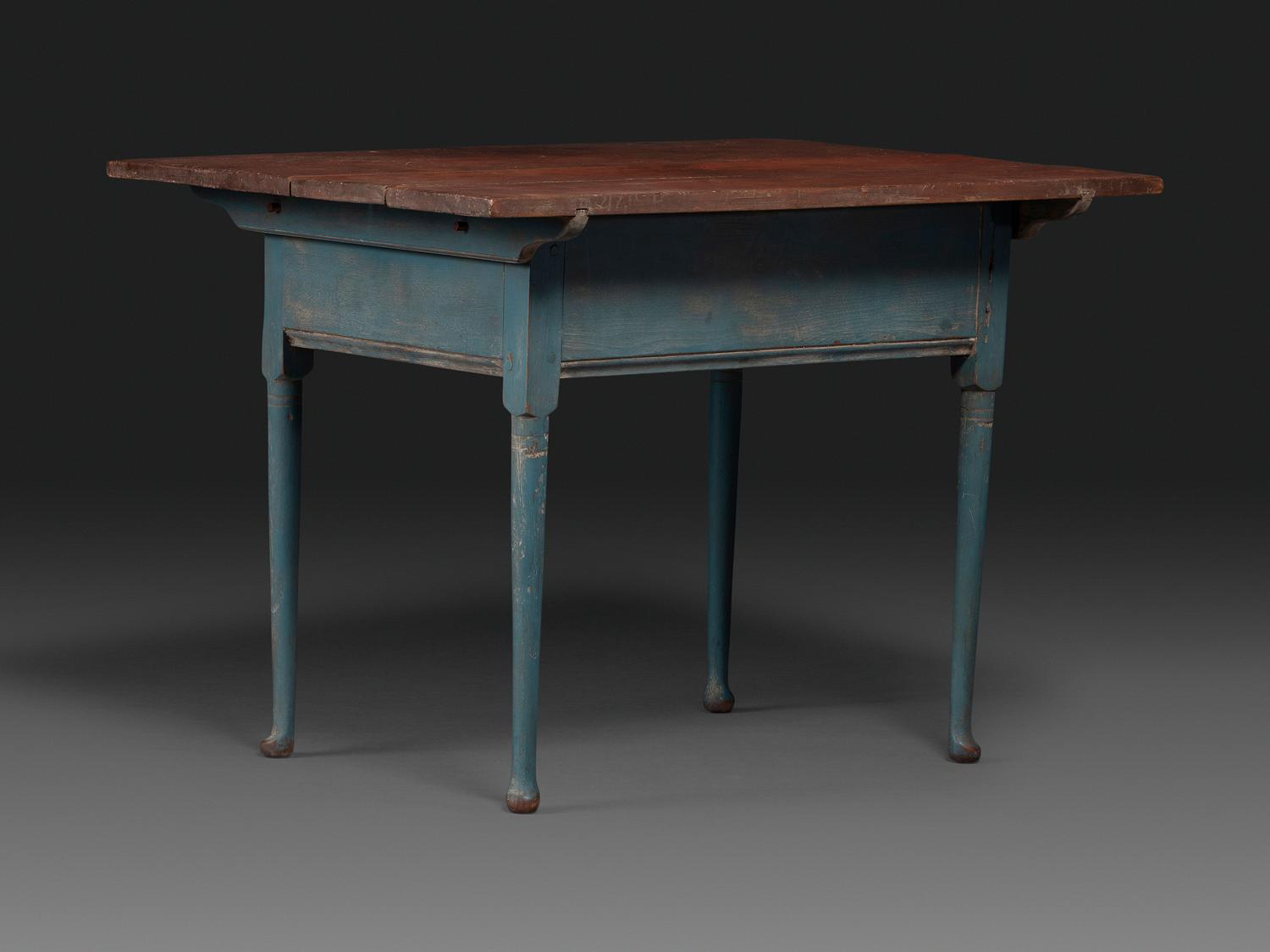A Country Queen Anne Blue Painted and Red-Stained Walnut Tavern Table