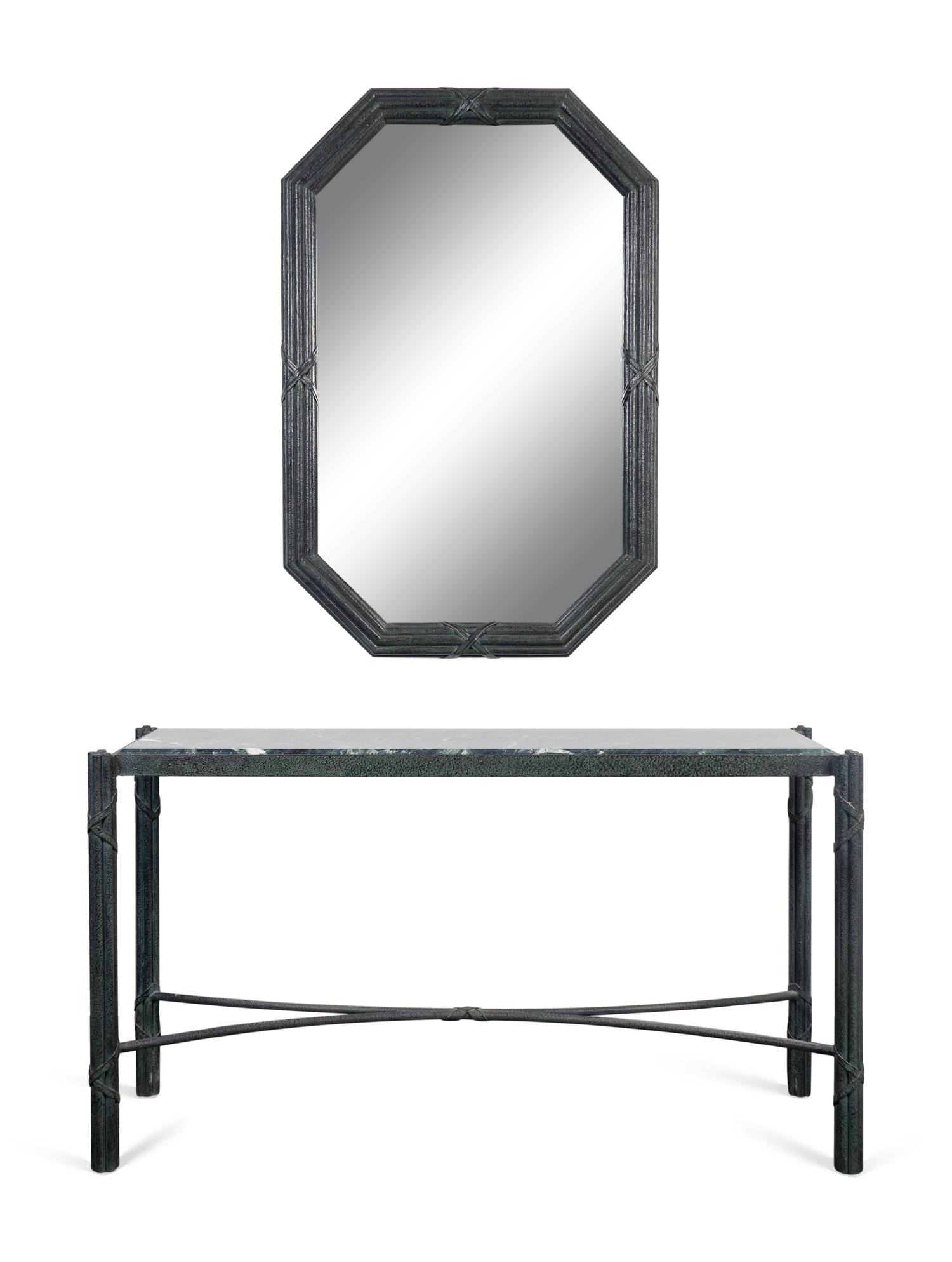 A Modernist Green Patinated Metal Inset Marble Top Console Table and Mirror — 20TH CENTURY