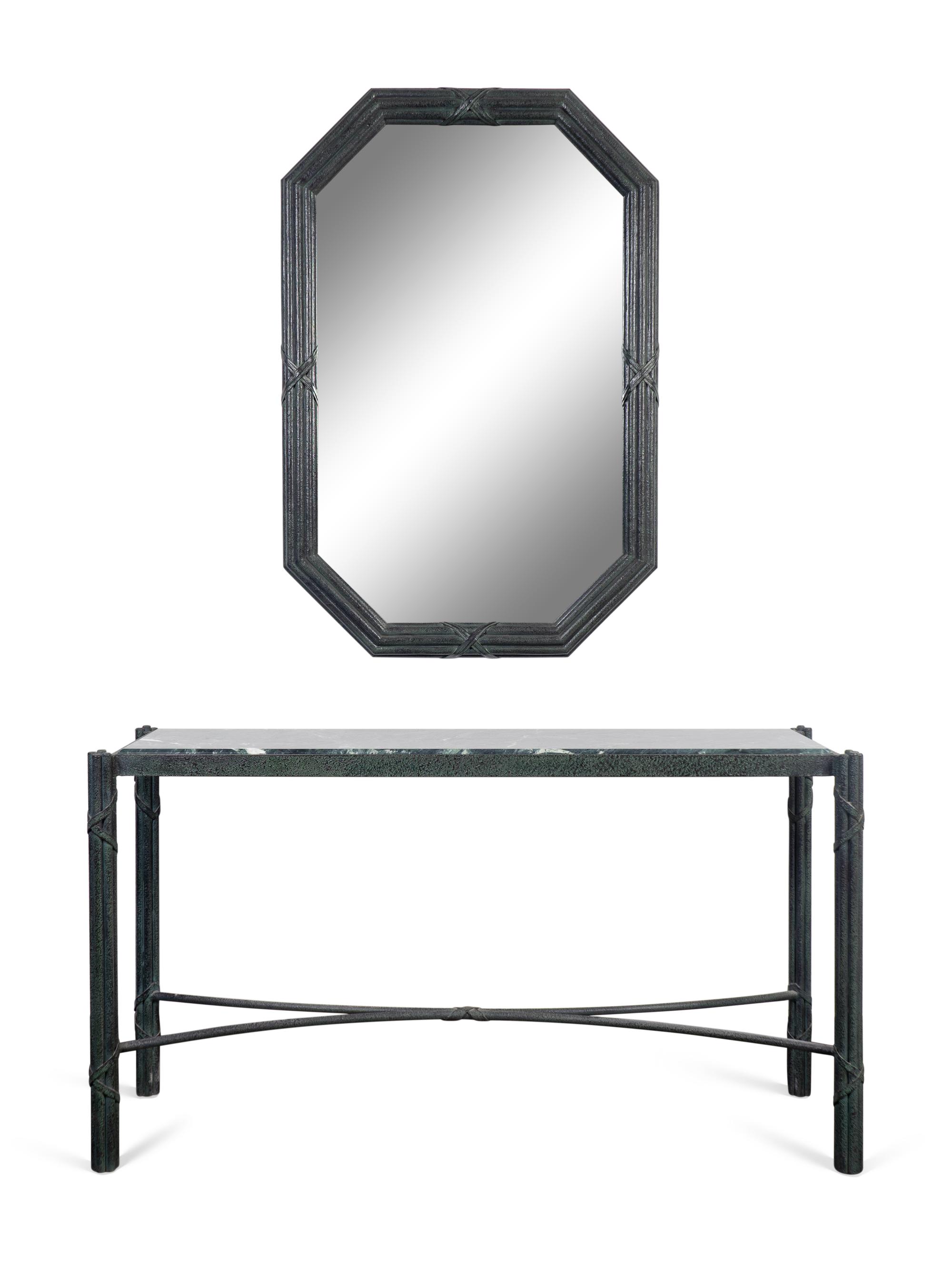A Modernist Green Patinated Metal Inset Marble Top Console Table and Mirror — 20TH CENTURY